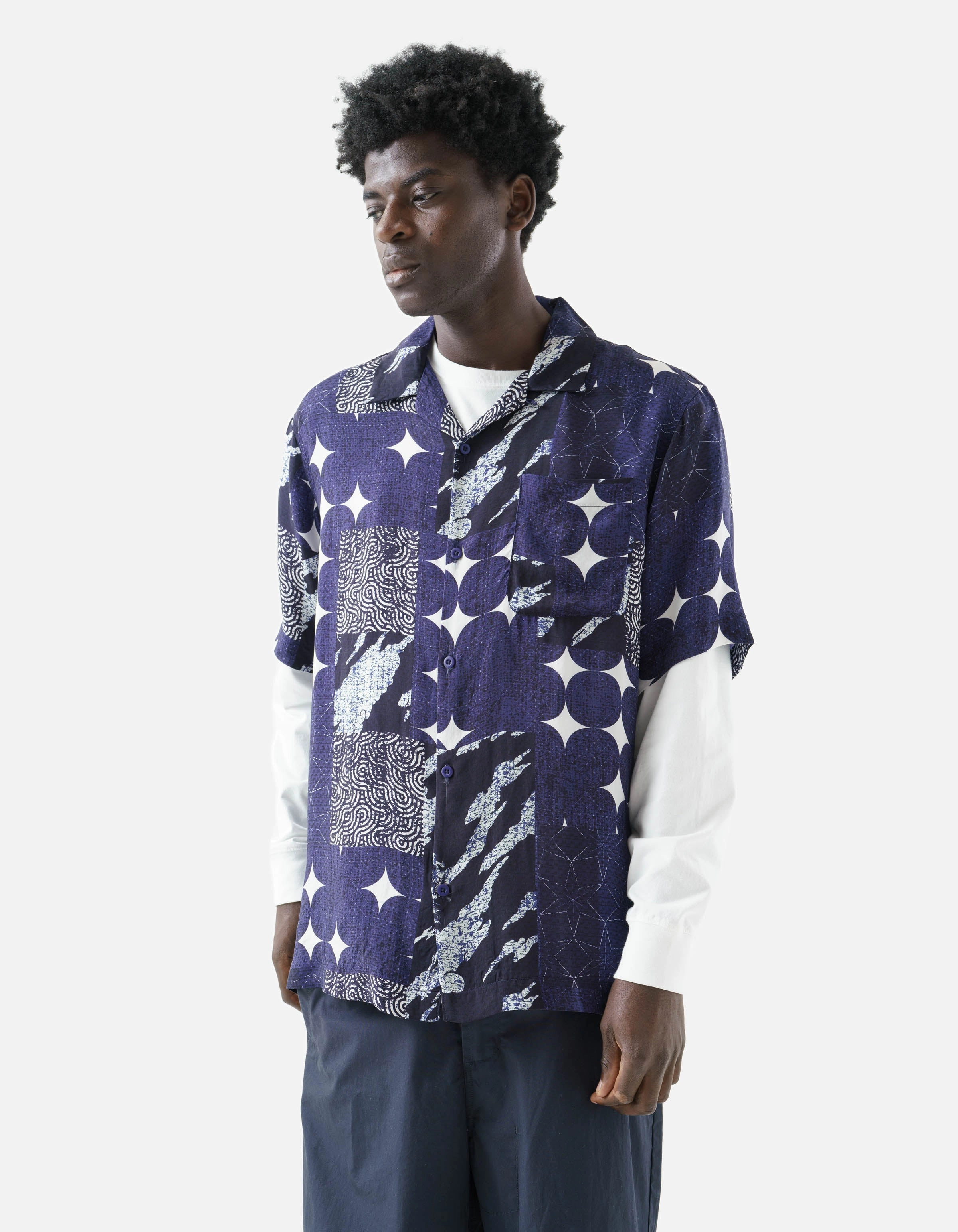 Comfortable Fabric Streamlined Design 1529 Sashiko Patchwork Summer Shirt Navy/Ecru