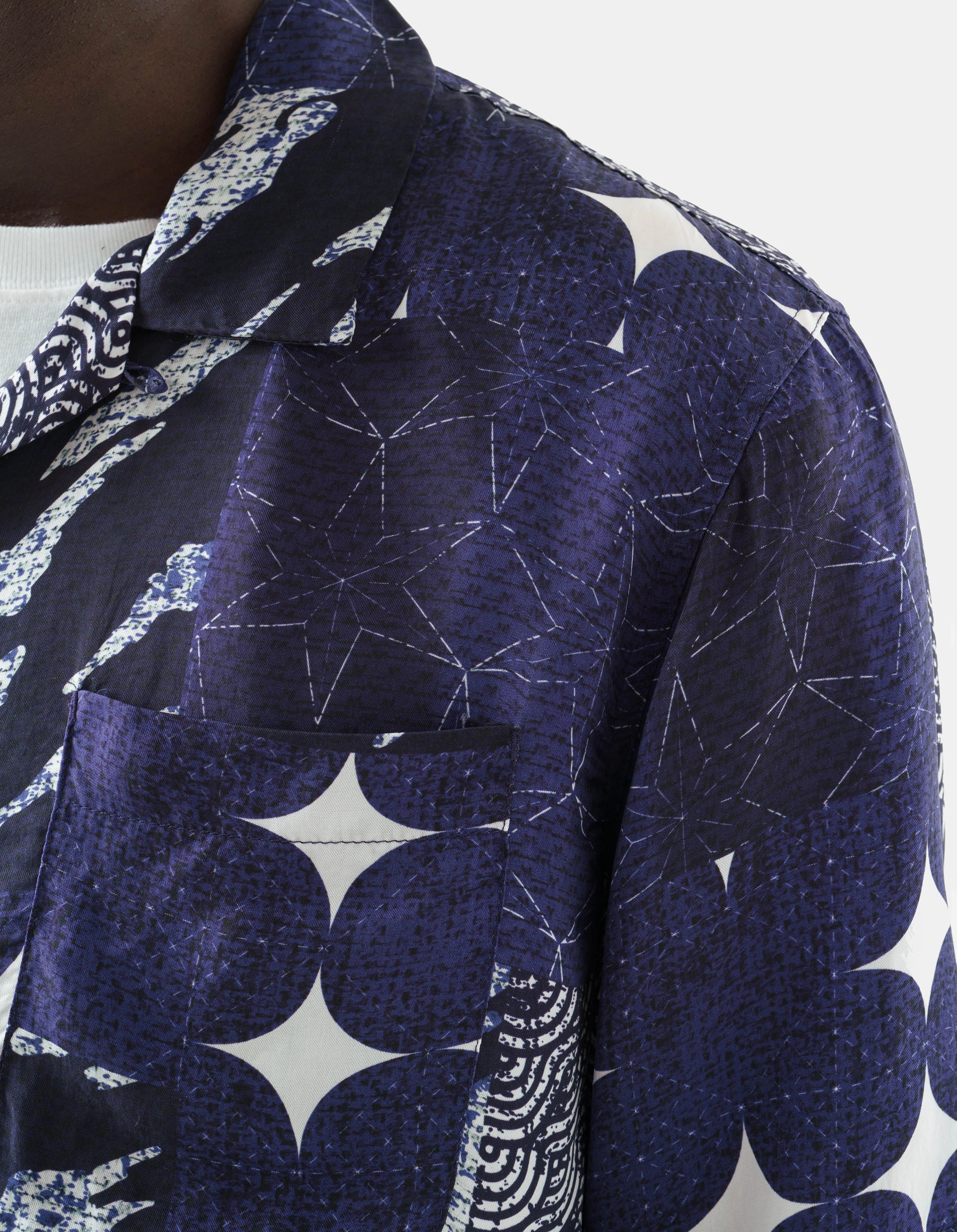 1529 Sashiko Patchwork Summer Shirt Navy/Ecru Pure Cotton Layered Design