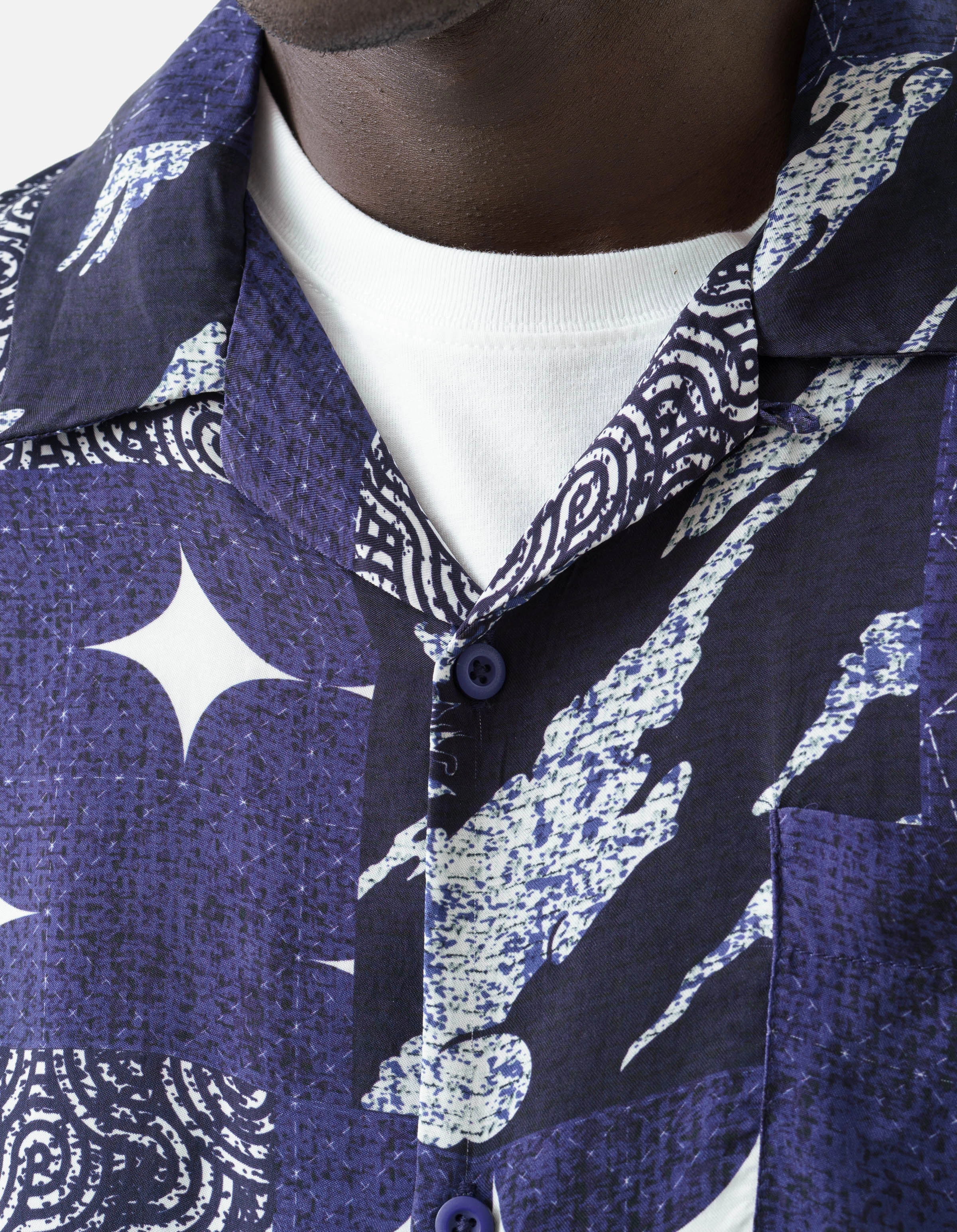 1529 Sashiko Patchwork Summer Shirt Navy/Ecru gender-neutral Low Profile Pocket Design