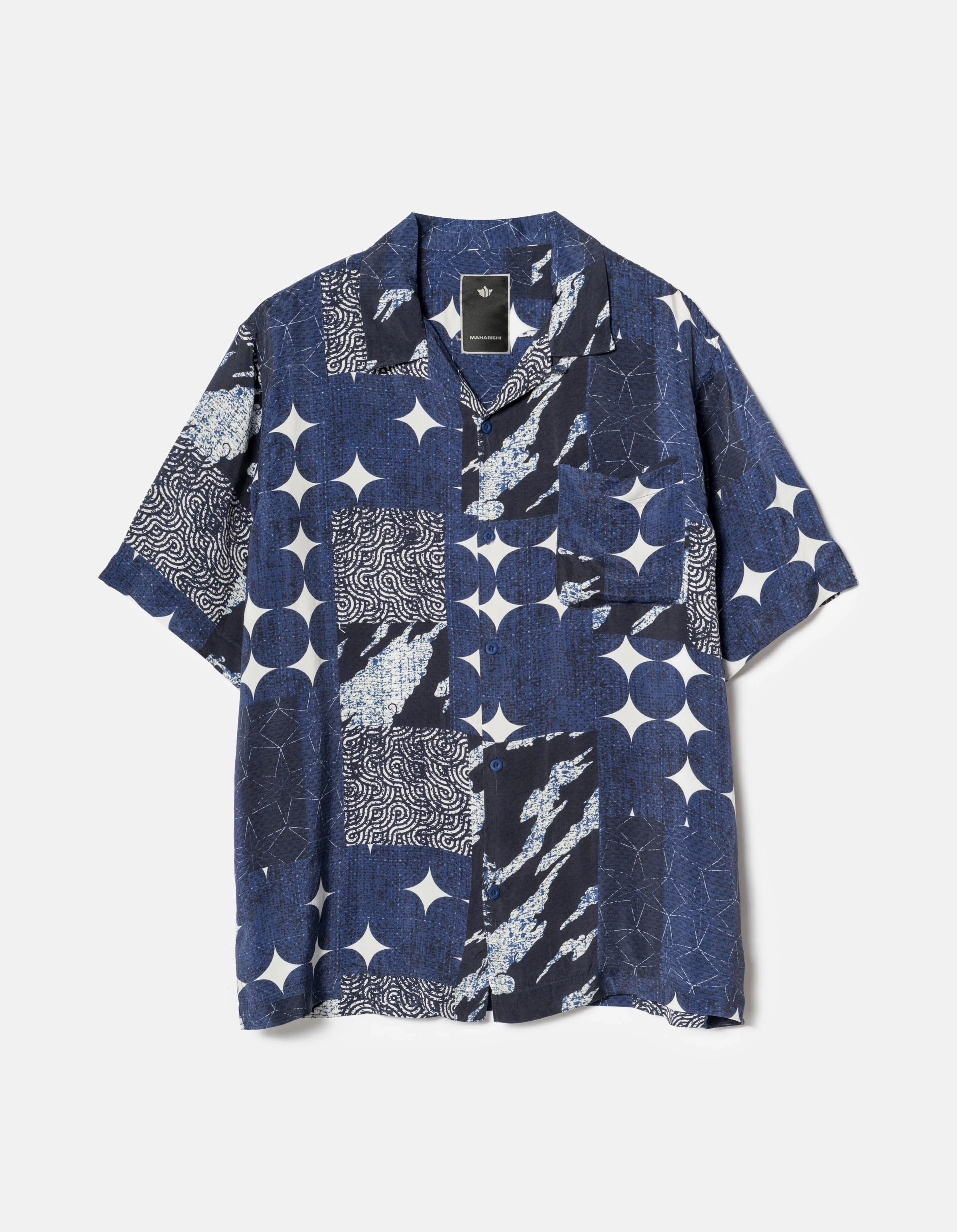 Split hem 1529 Sashiko Patchwork Summer Shirt Navy/Ecru