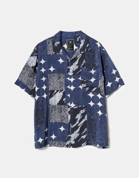 Split hem 1529 Sashiko Patchwork Summer Shirt Navy/Ecru