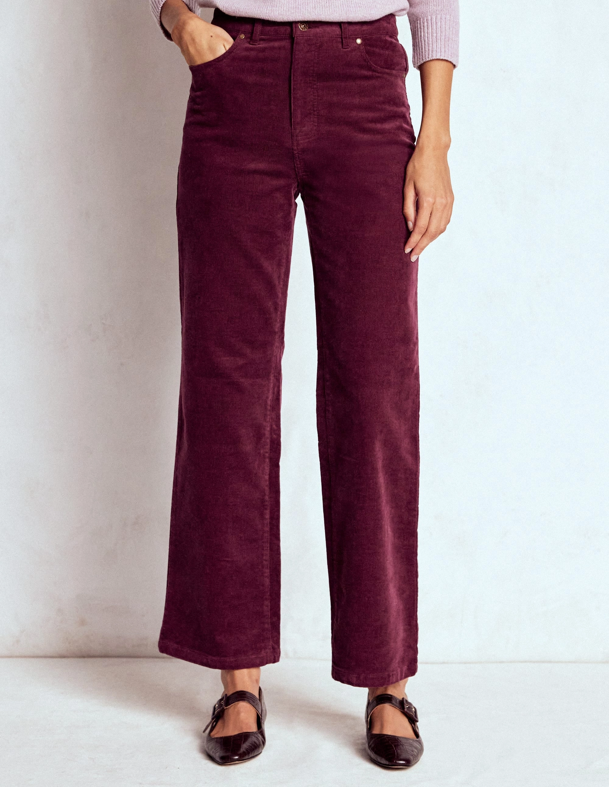 Stretchable Waist Relaxed Lines 5-Pocket Cord Column Jeans-Burgundy