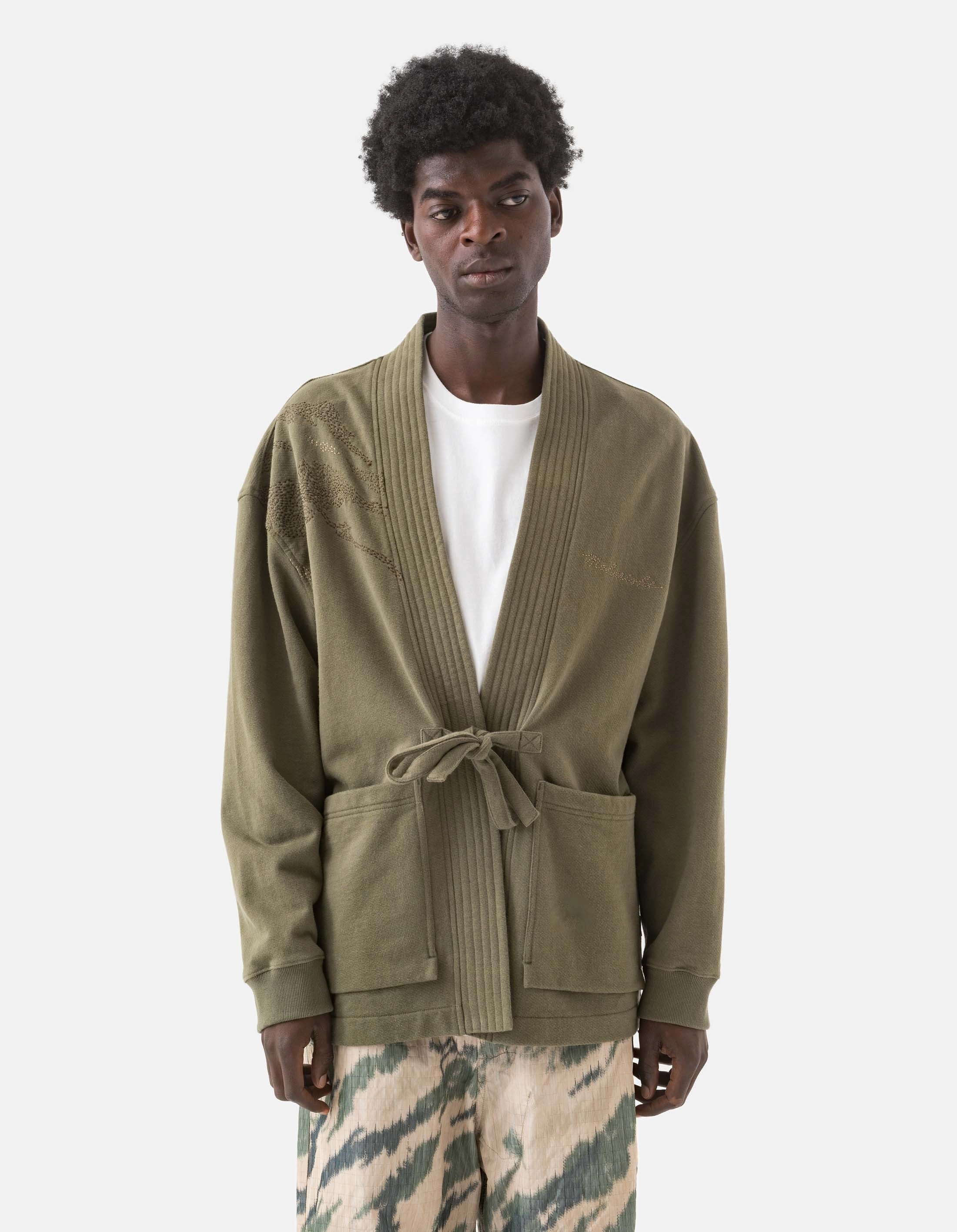 Matte Surface Texture 6222 Sashiko Bonsai Sweat Kimono Olive OG-107F