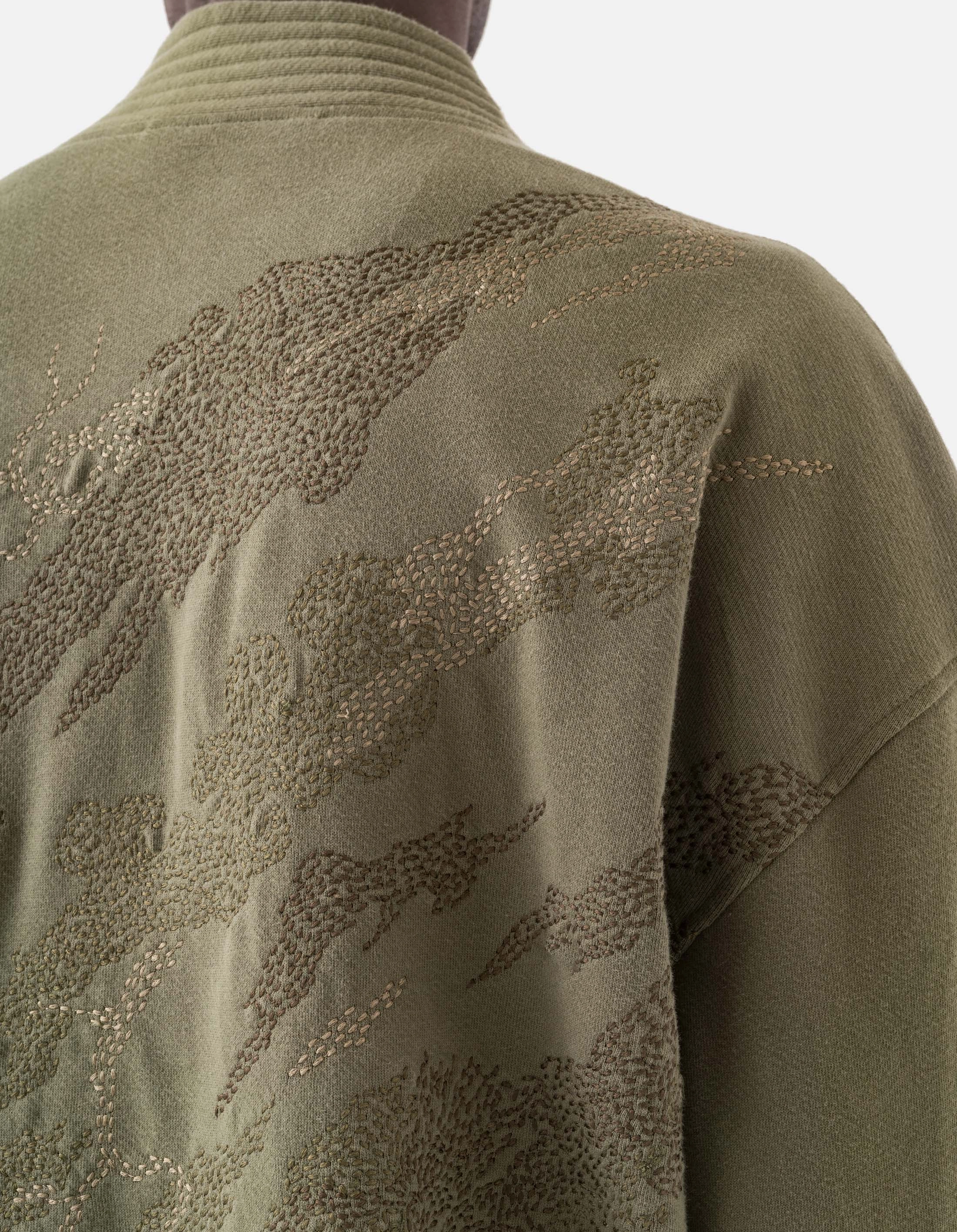 6222 Sashiko Bonsai Sweat Kimono Olive OG-107F Mild Day Outfit Clean Minimal Look