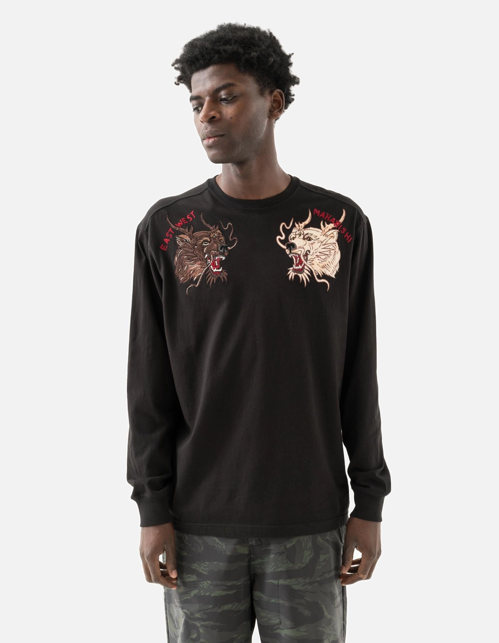 Slim Fit Design 7090 Duality Bering Bears Embroidered L/S T-Shirt Black