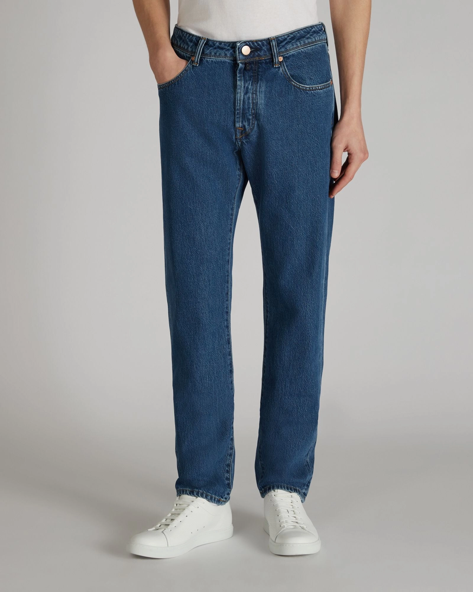 Slim-fit cotton denim five-pocket trouser Hip Friendly Pockets Snug Waist