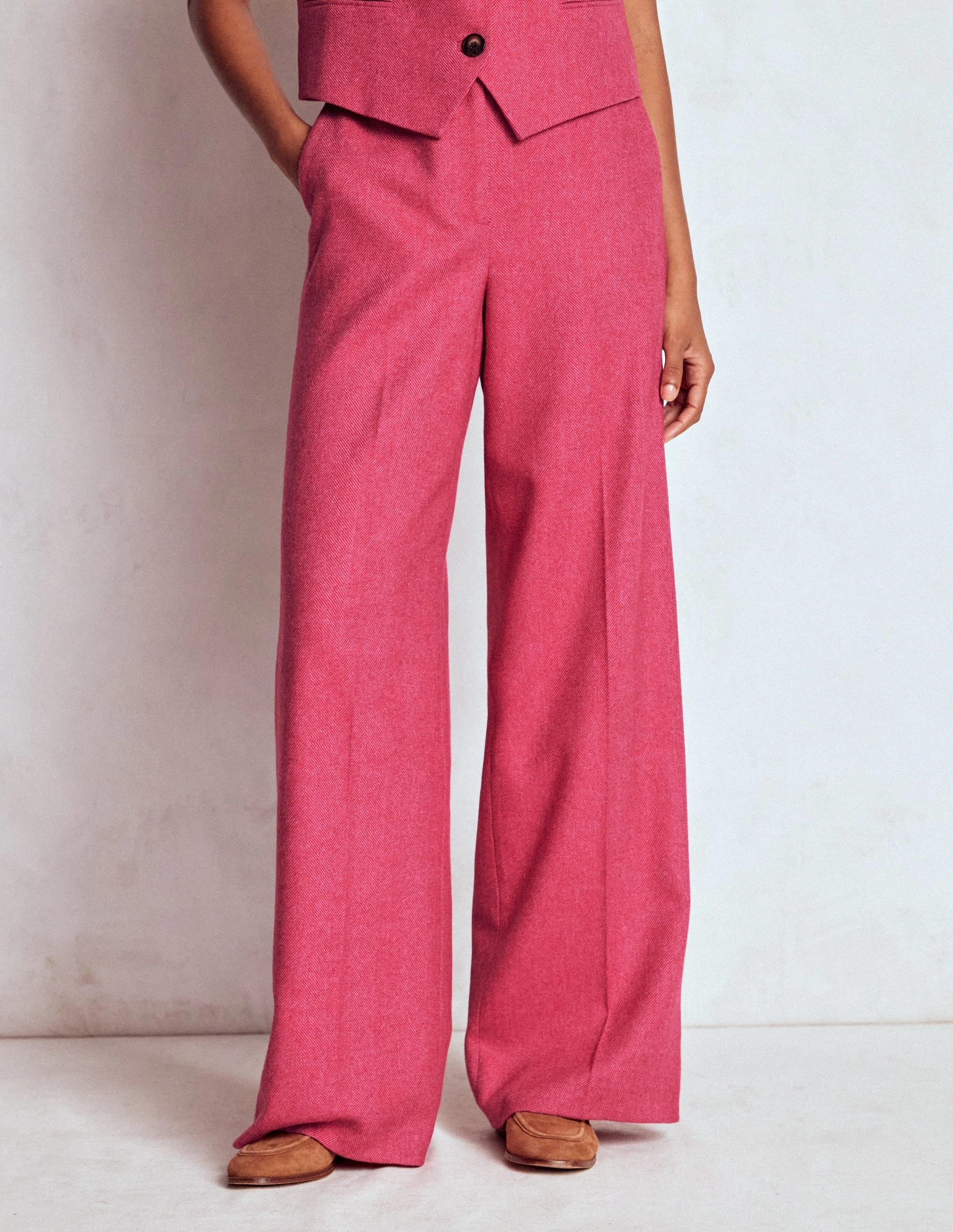 Belgravia Wool Trousers-Red and Pink Wide Herringbone Minimal Comfort