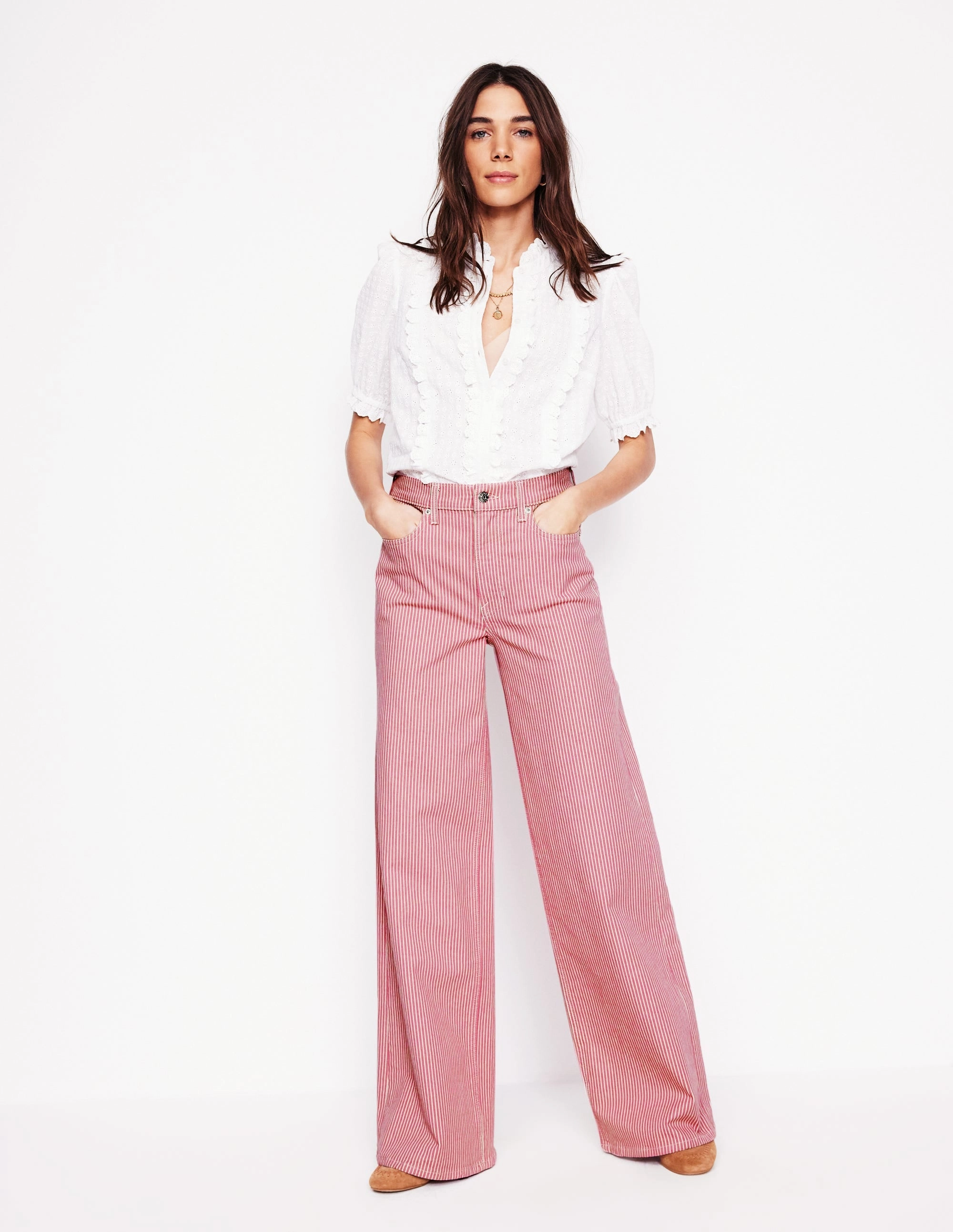 High Rise Wide Leg Jeans-Pink Stripe Breathable Stretch Wear