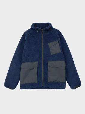 Angled Pocket Fleece Jacket in Navy Blue Shawl Lapel Flexible Side Gussets