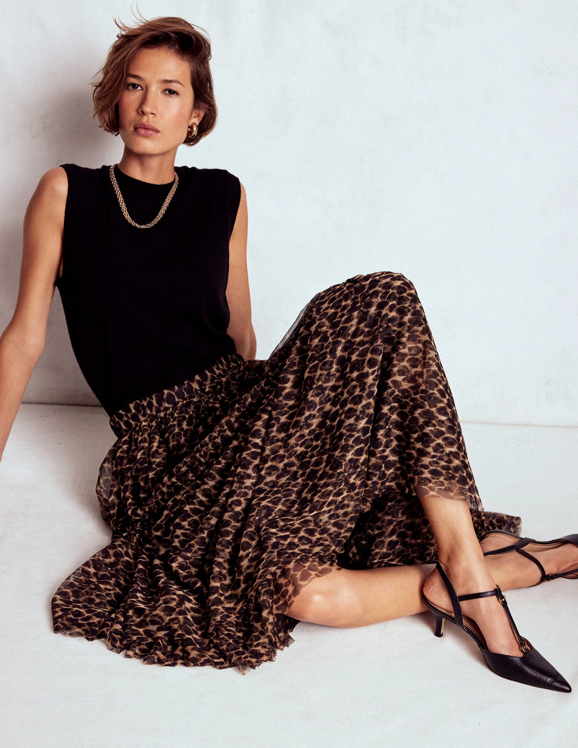 Anna Tulle Midi Skirt-Leopard Synthetic Blend