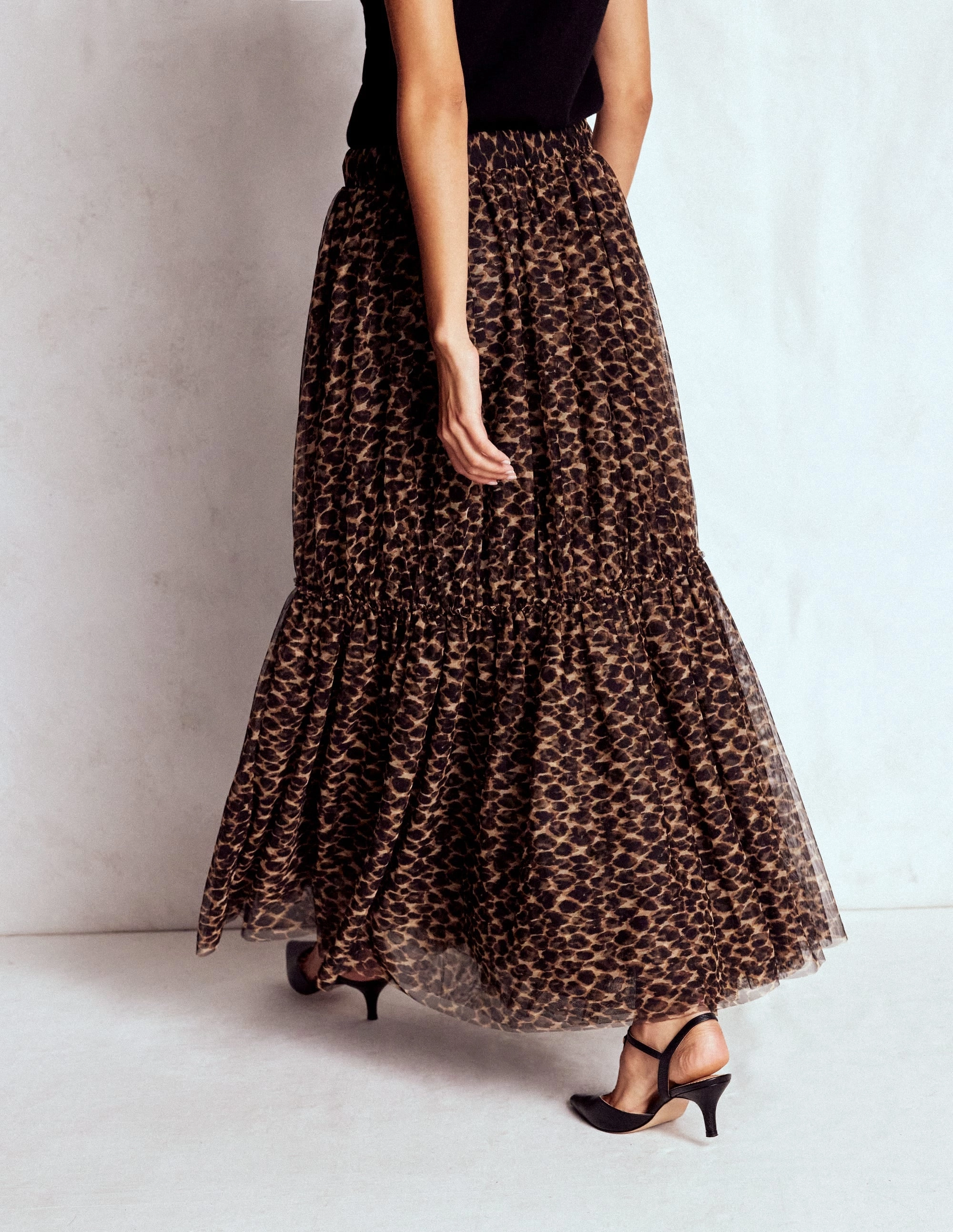 Stretchy Draped Silhouette Anna Tulle Midi Skirt-Leopard