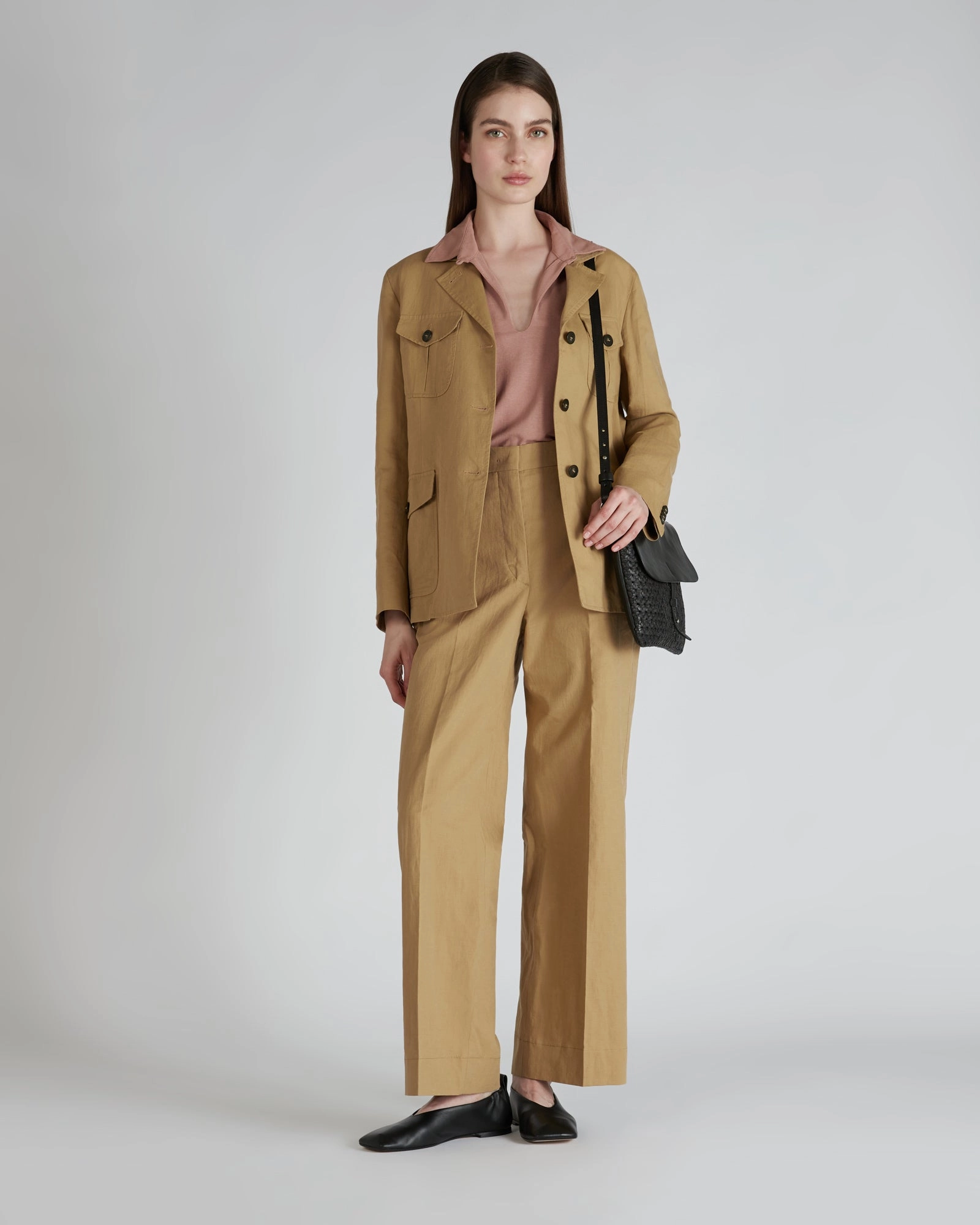 Cotton and linen canvas safari jacket Adjustable Hem Cords Convertible Sleeves
