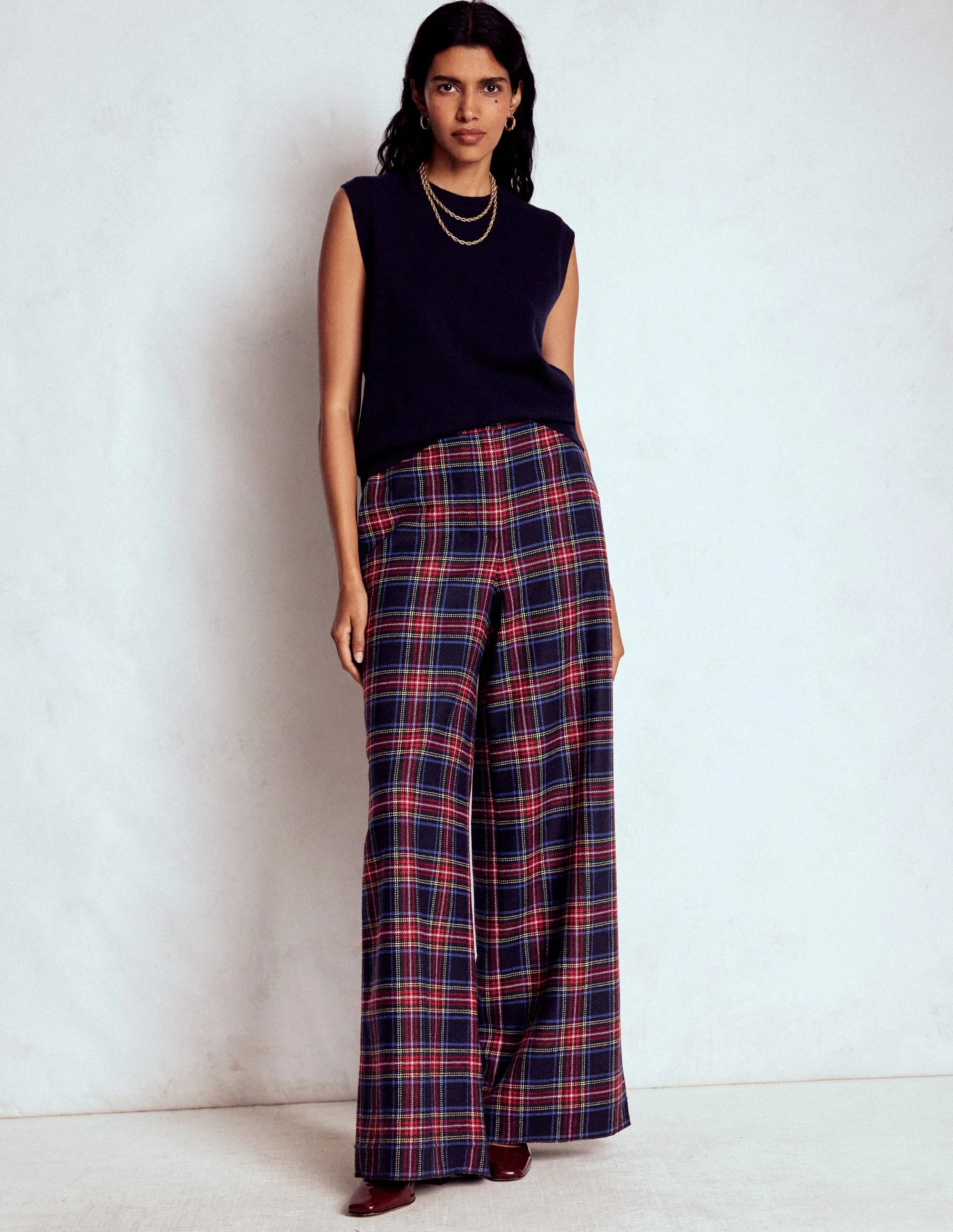 Quick Fit Design No Ride Fit Belgravia Wool Trousers-Navy, Green and Red Check
