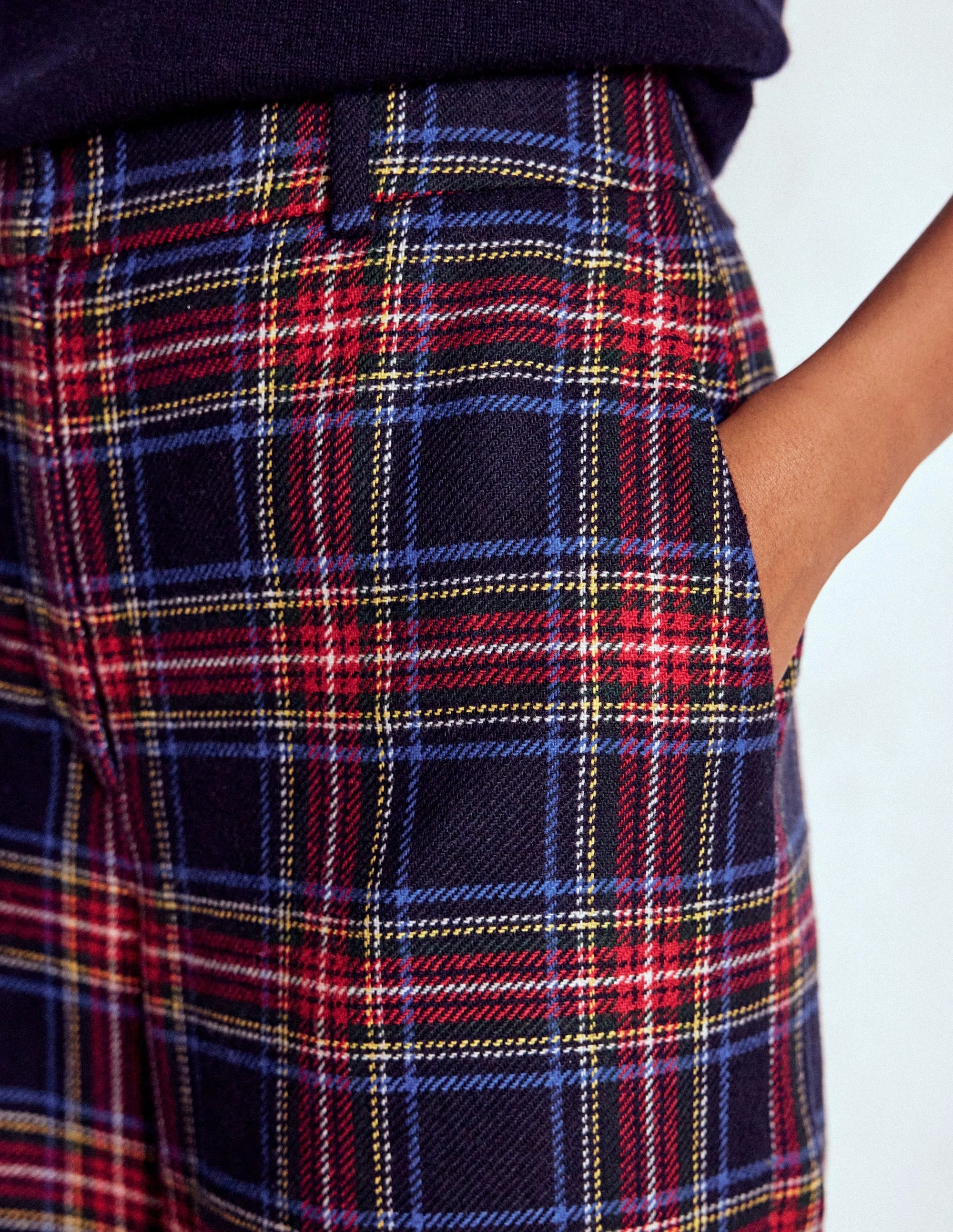 Chill Comfort Fit Adjustable Belt Loops Belgravia Wool Trousers-Navy, Green and Red Check