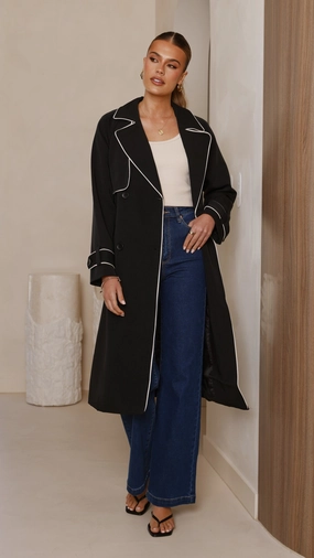 Seam Sealed Waterproof Stitch Details Blanca Trench Coat - Black