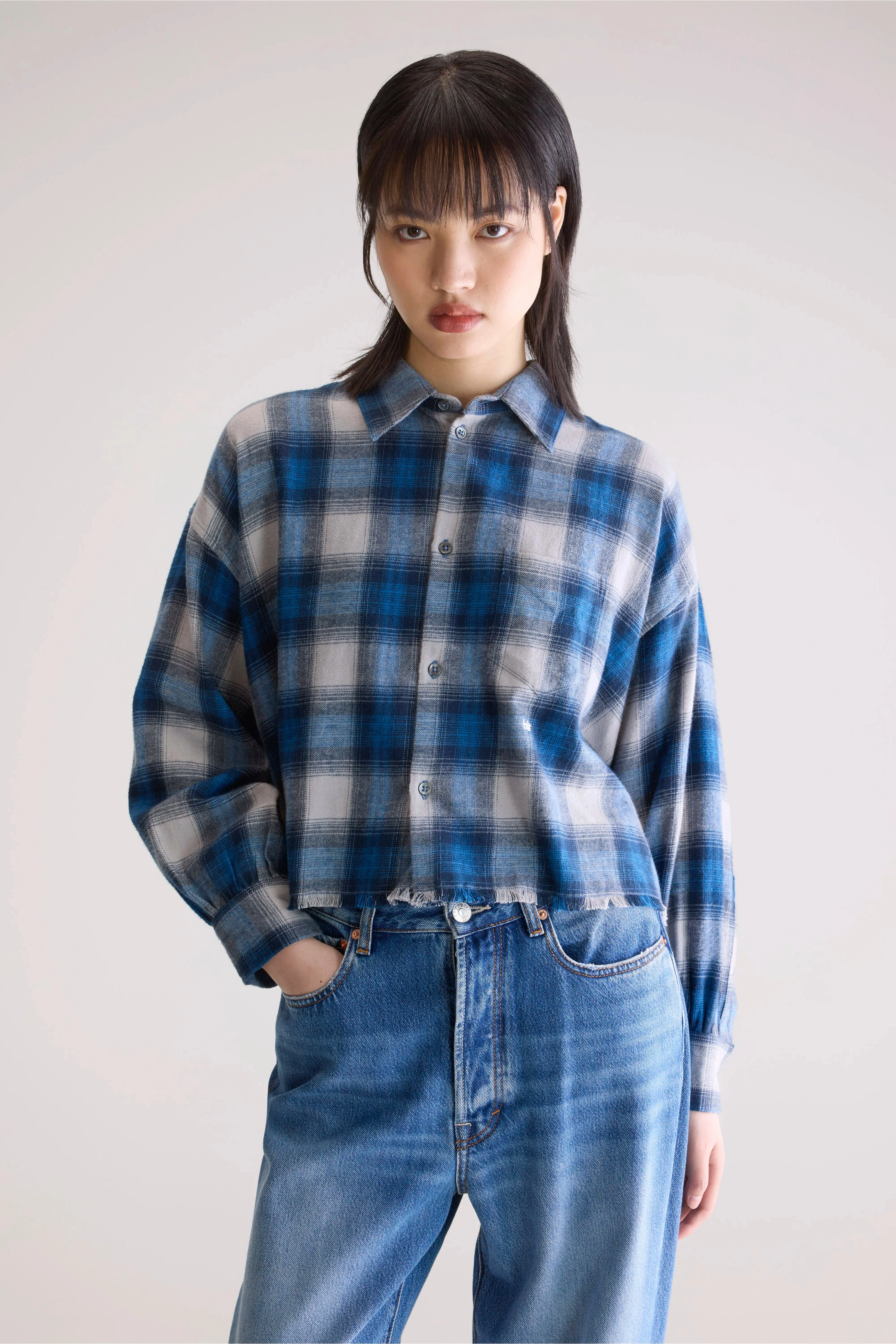 Anti Static Lining Functional Design Kraft cropped shirt (252 / W / CHECK A)