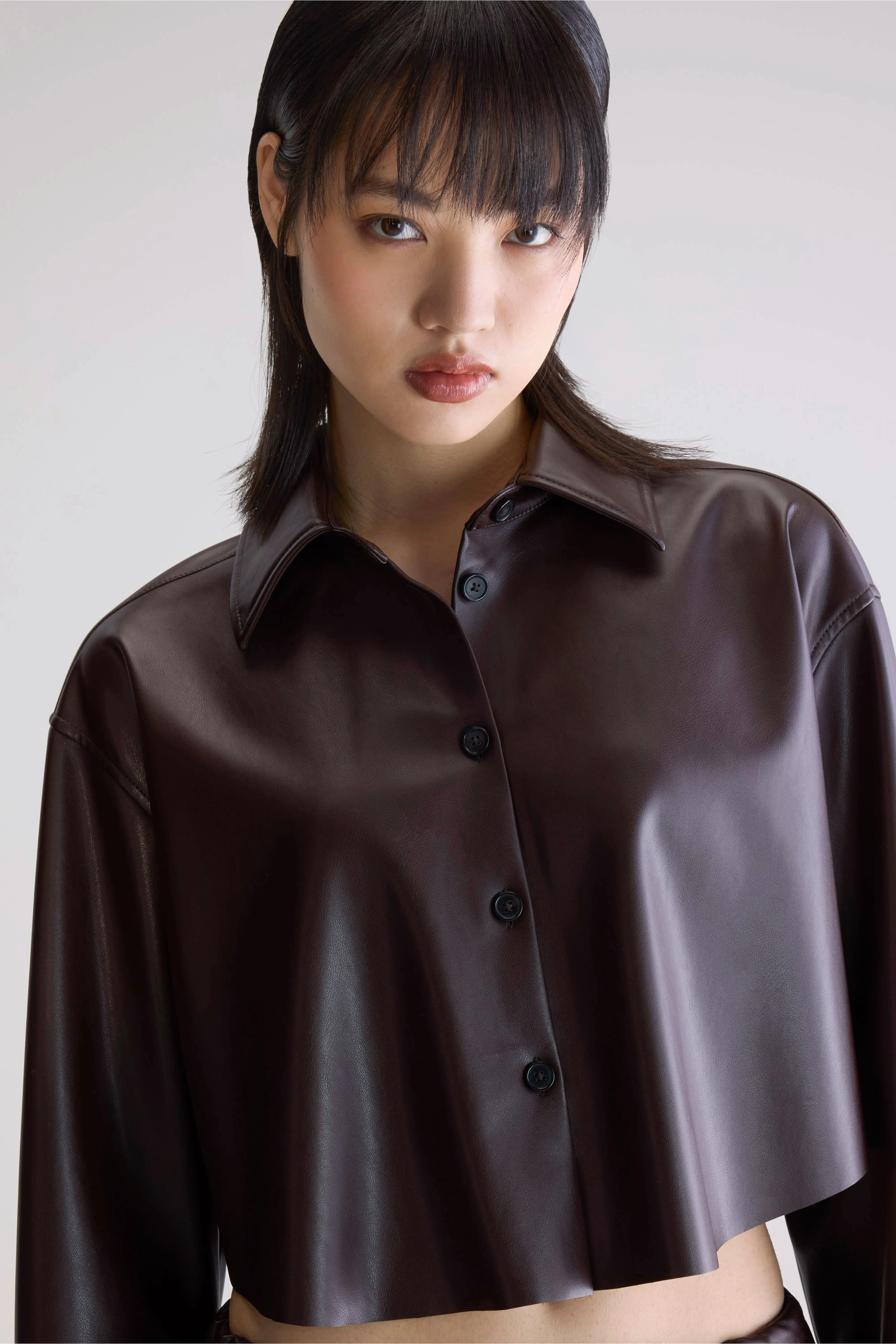 Layered Sleeve Cuffs Brushed Inner Lining Johann faux leather shirt (252 / W / EBENE)