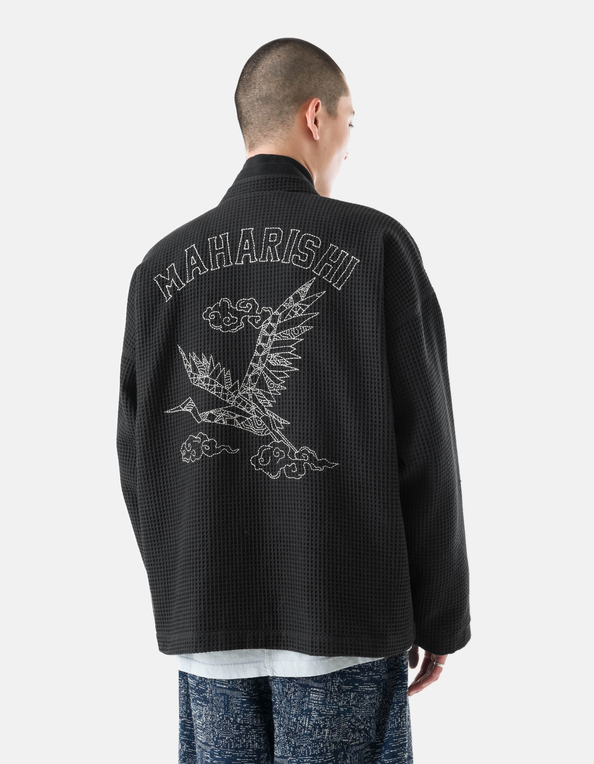 6241 Embroidered Waffle Kimono Overshirt Black Bonded Fabric Warmth Retention Technology