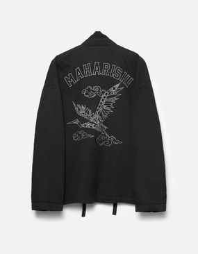 Flexible Shoulder Panels 6241 Embroidered Waffle Kimono Overshirt Black