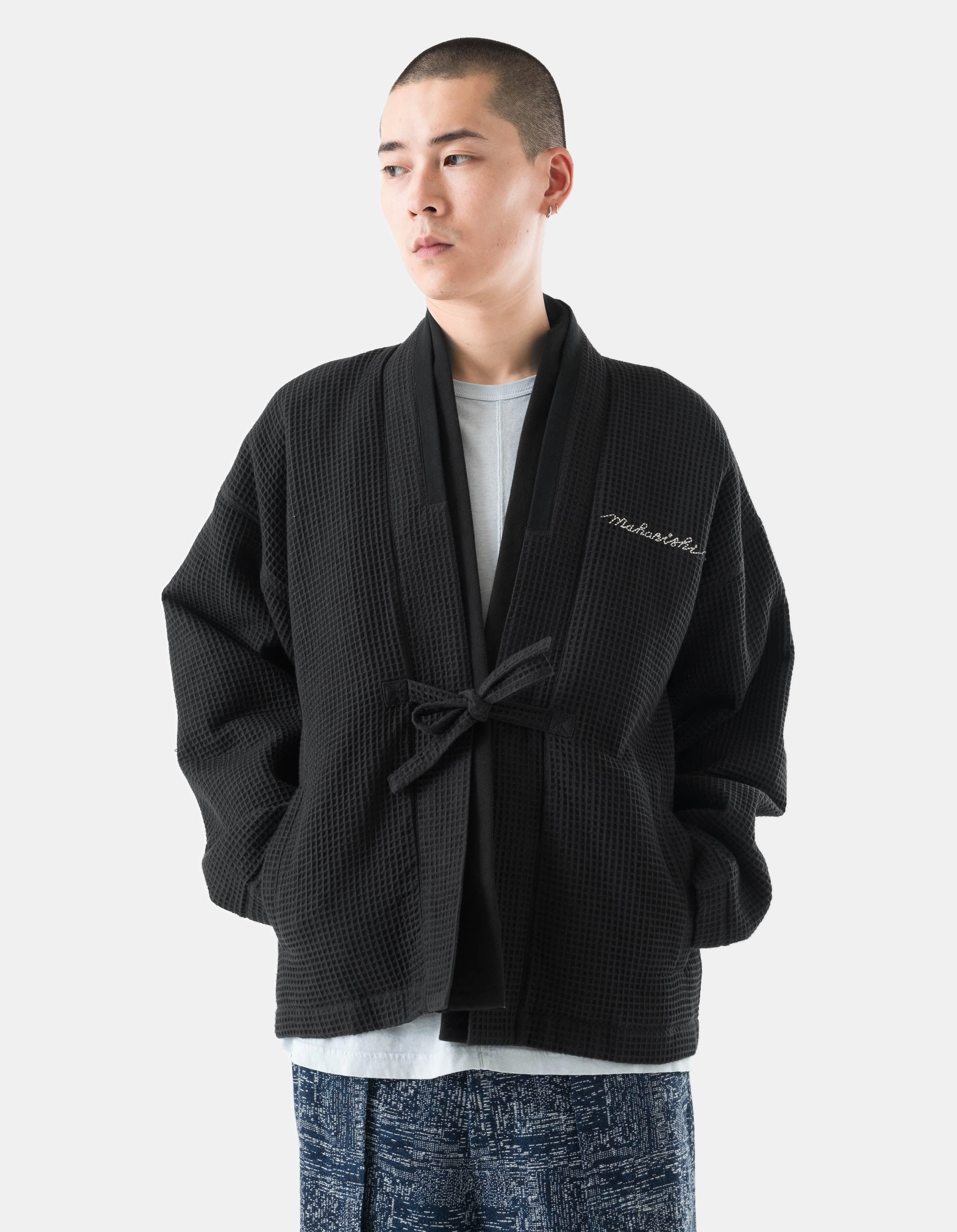 Heavyweight Fabric 6241 Embroidered Waffle Kimono Overshirt Black