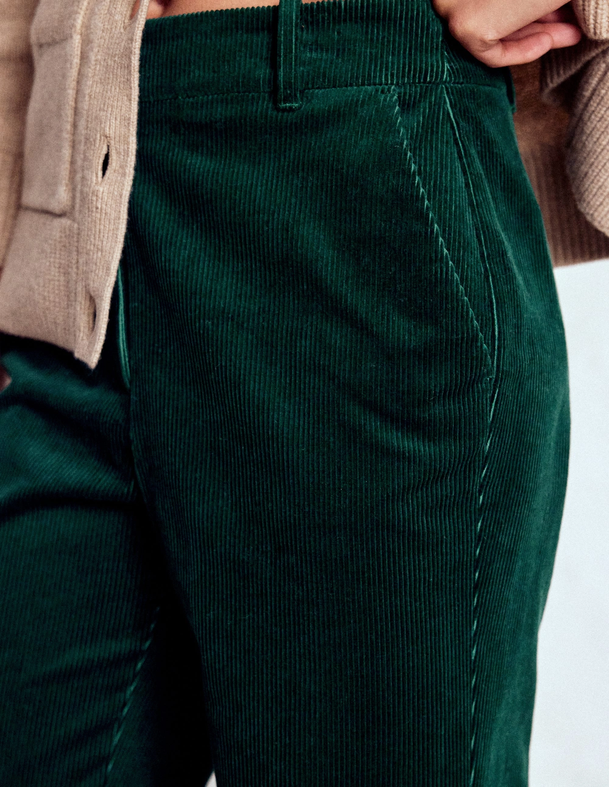 Canonbury Cord Trousers-Emerald Night Button front StretchMaterial