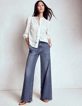 High Rise Clean Wide Jeans-Mid Vintage Durable Stitching