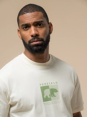 Stretchable Knit Penfield Mens Contrast Stripe Bear Graphic T-Shirt in Vanilla Ice