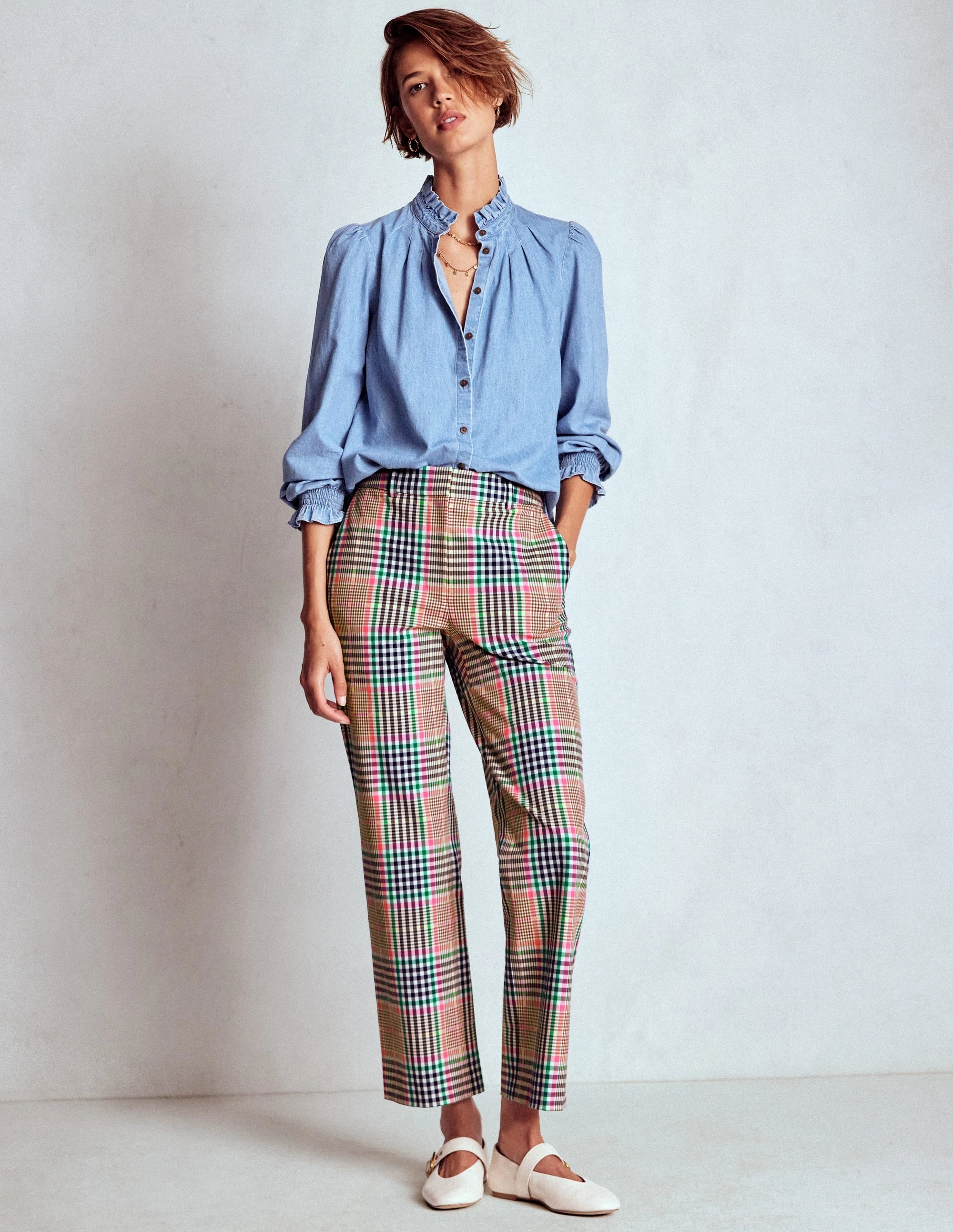 Light support StainResistantCoating Canonbury Tailored Trousers-Brown,Rose Pink and Navy Check