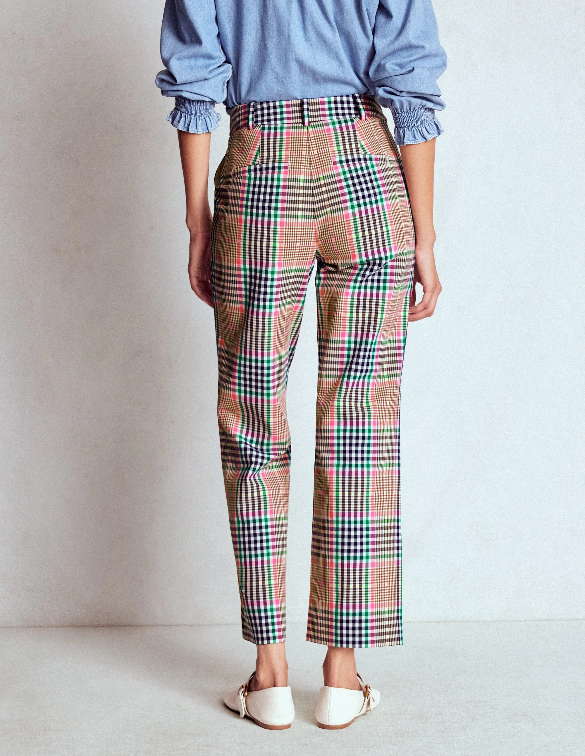 Canonbury Tailored Trousers-Brown,Rose Pink and Navy Check Structured Hemline