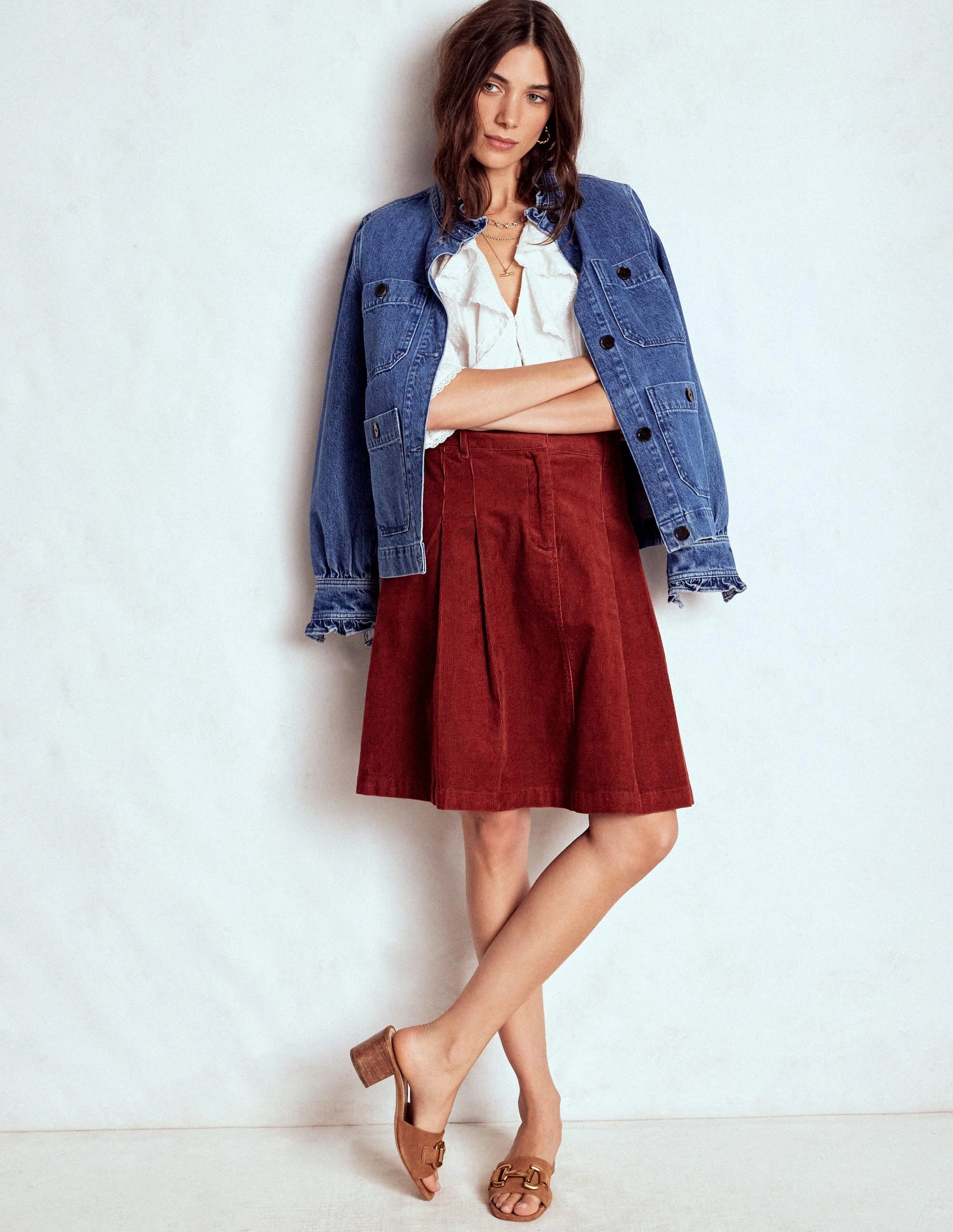 Subtle Detail Style Layering Pleated Cord Skirt-Fired Brick