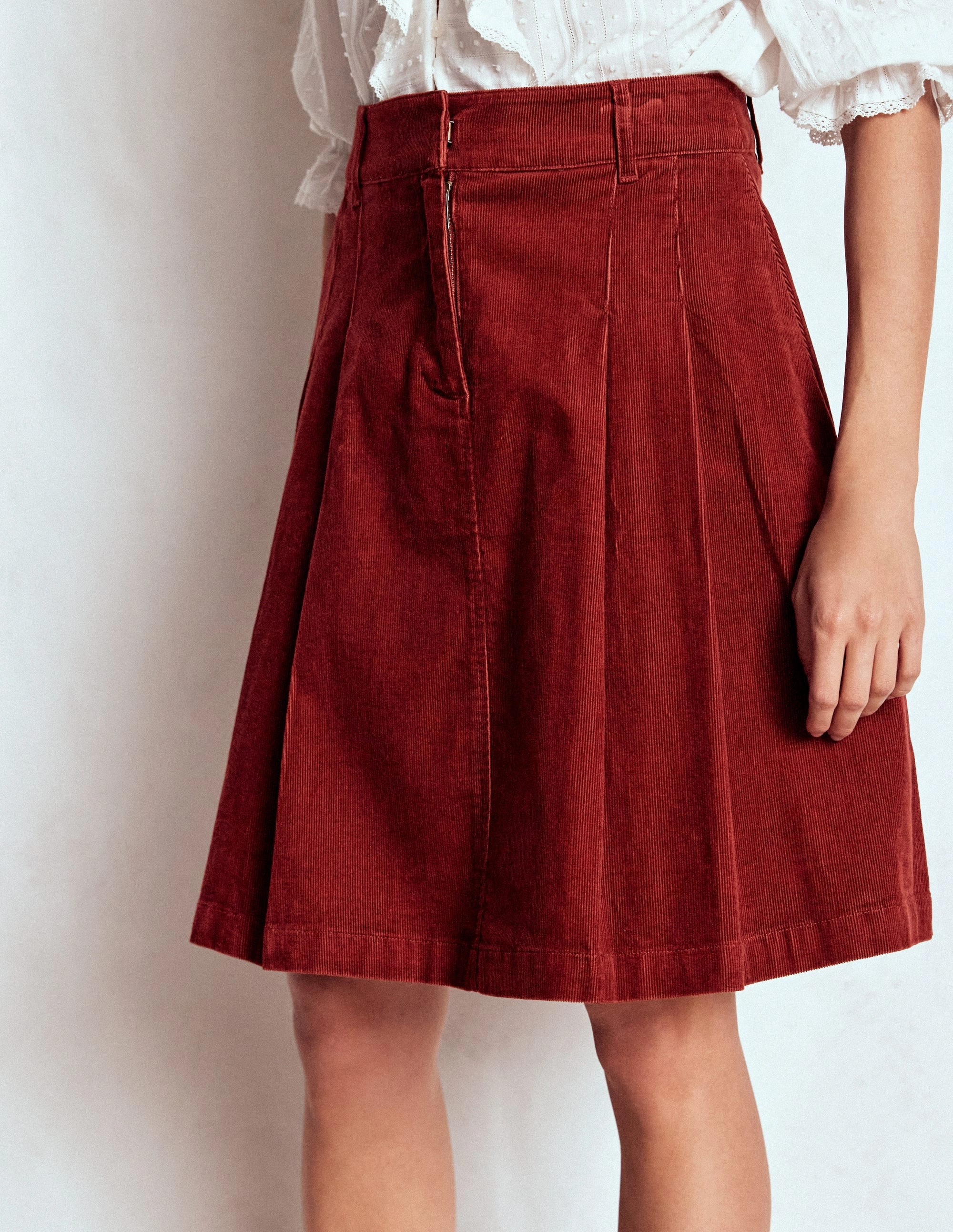 Neutral palette Patchwork Design Pleated Cord Skirt-Fired Brick