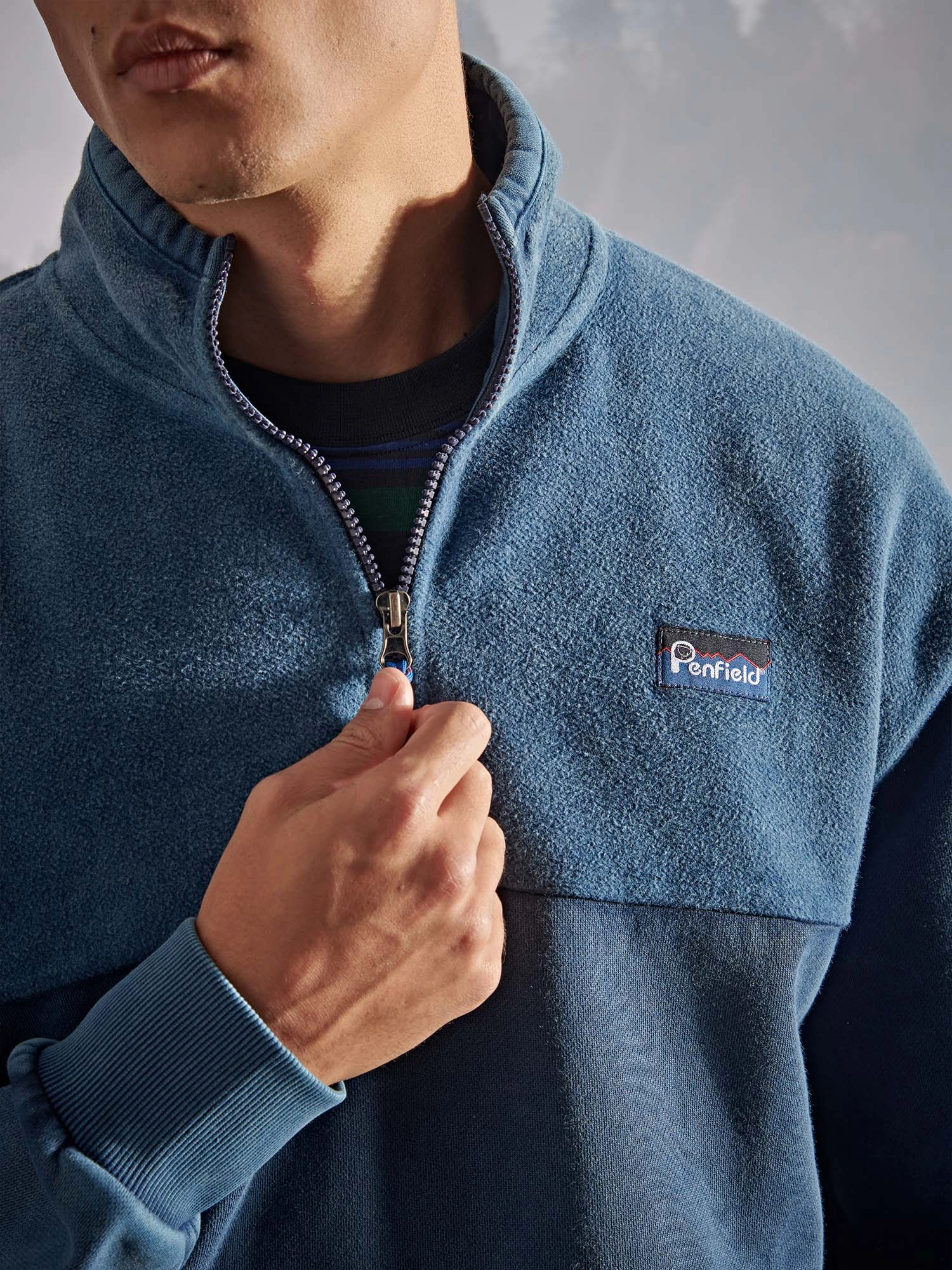 Soft Fabric Penfield Mens Washed Panelled Funnel Neck Sweatshirt in Navy Blue