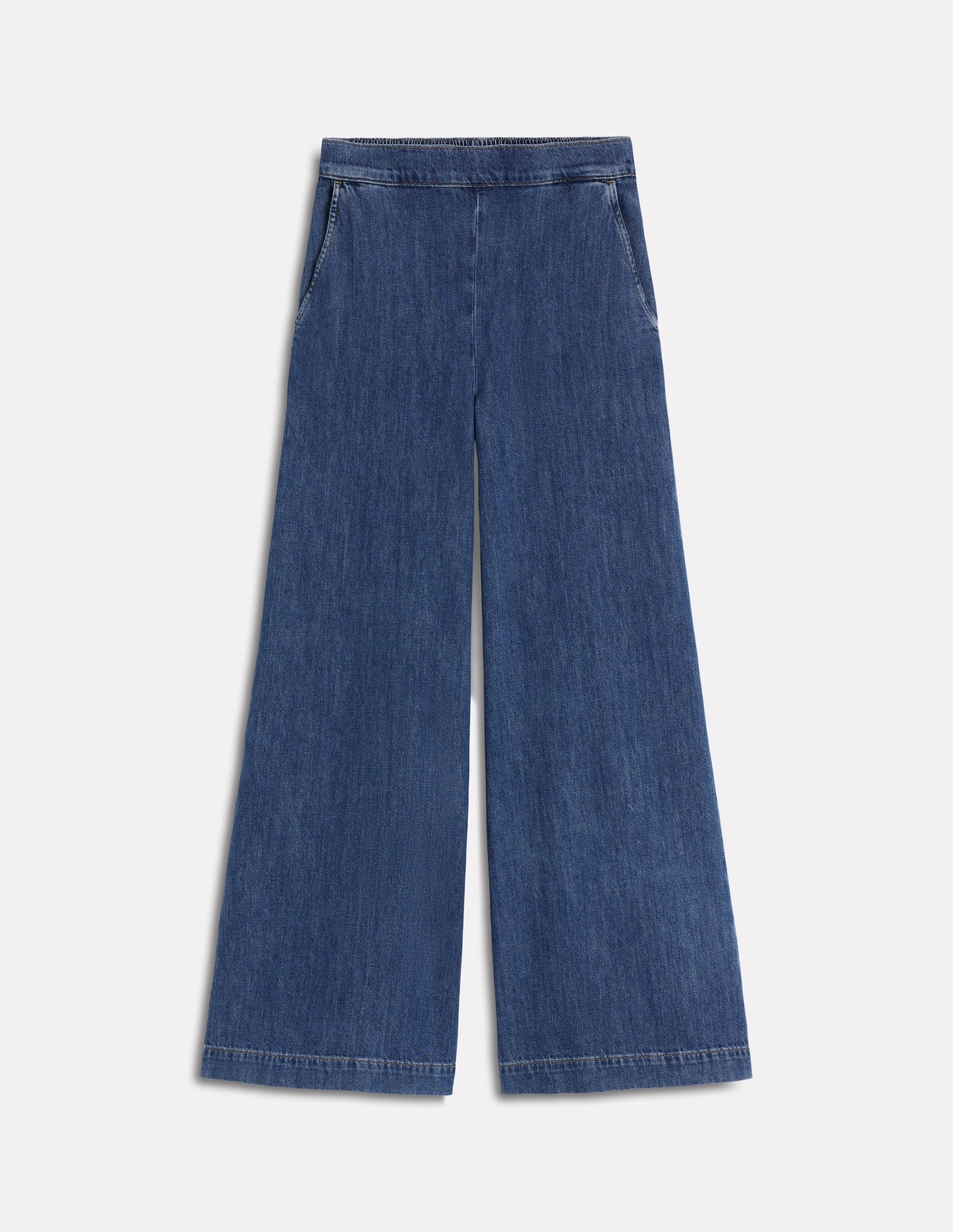 Curved Waistline Pull-on Denim Trousers-MID WASH