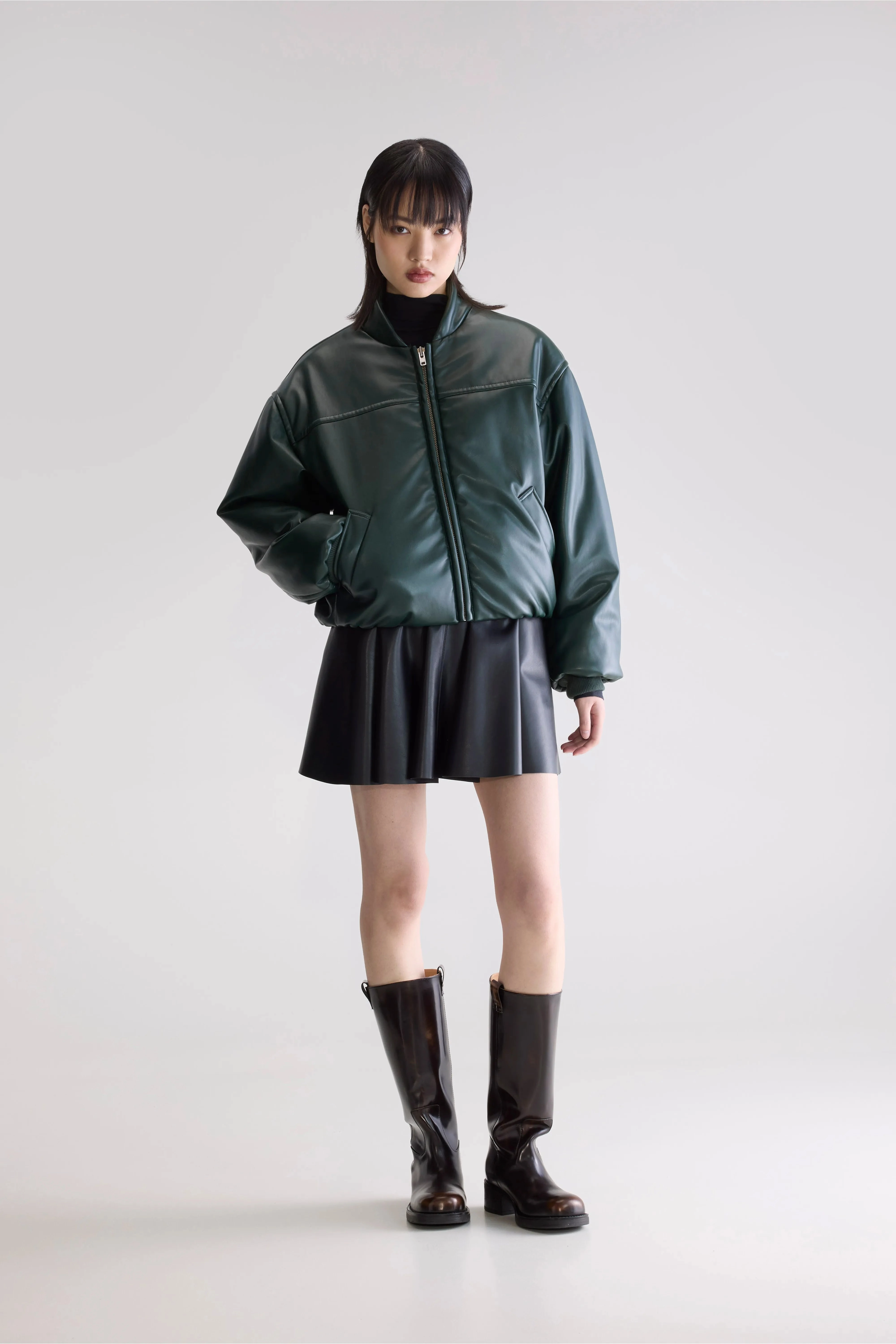 Multi pockets Jacko faux leather bomber jacket (252 / W / HUNTER)
