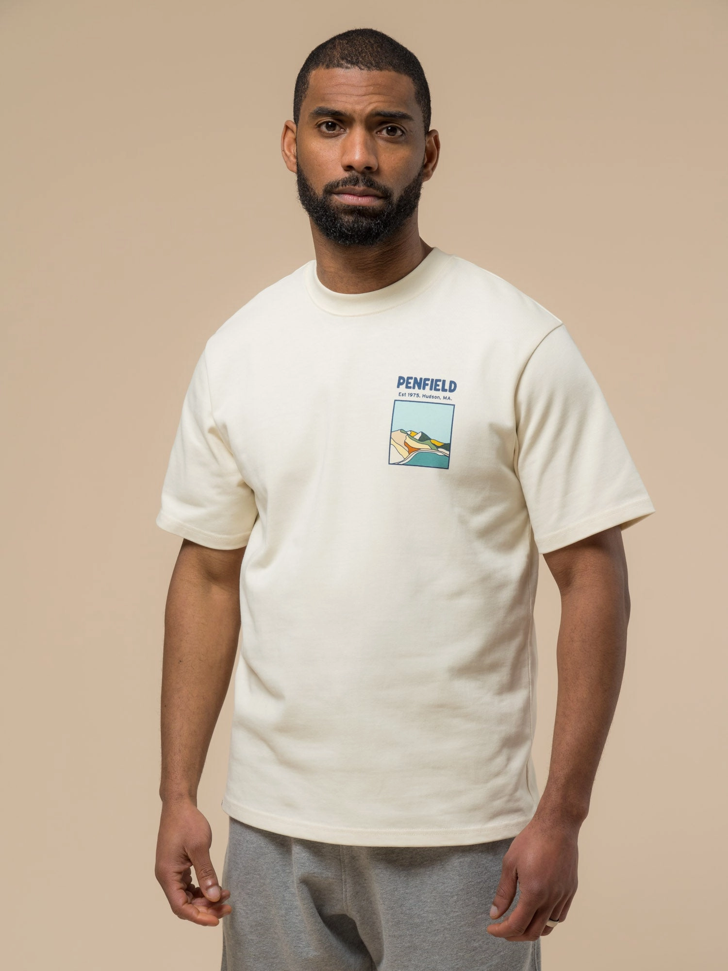 Penfield Mens Block Landscape Graphic T-Shirt in Vanilla Ice Quick Dry Wear Fit Relaxed Armhole Cut