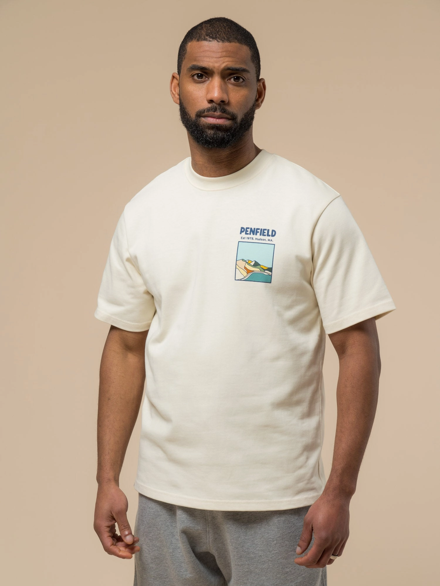 Spring Wear layerable Penfield Mens Block Landscape Graphic T-Shirt in Vanilla Ice