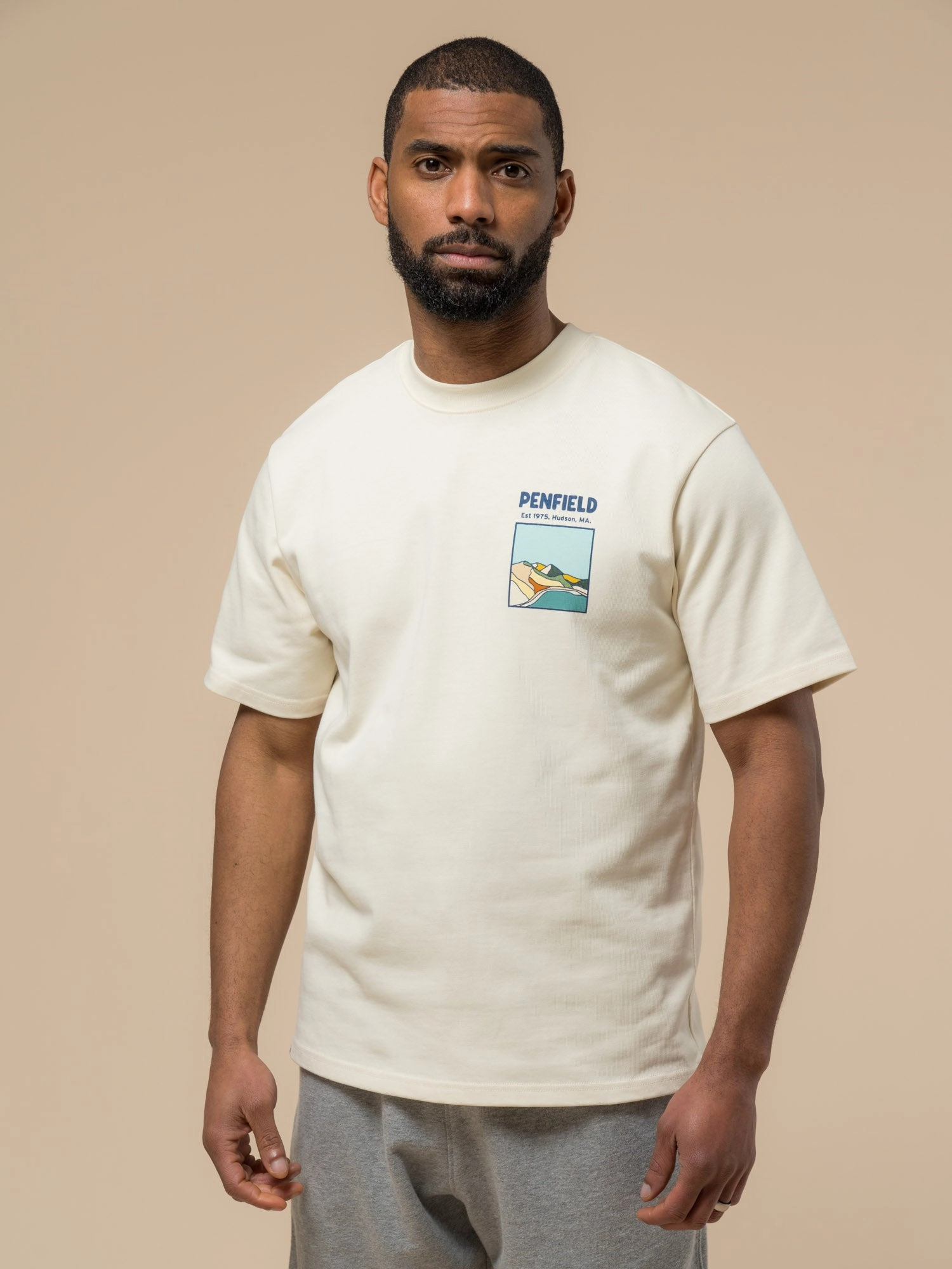 Functional Side Gussets Penfield Mens Block Landscape Graphic T-Shirt in Vanilla Ice