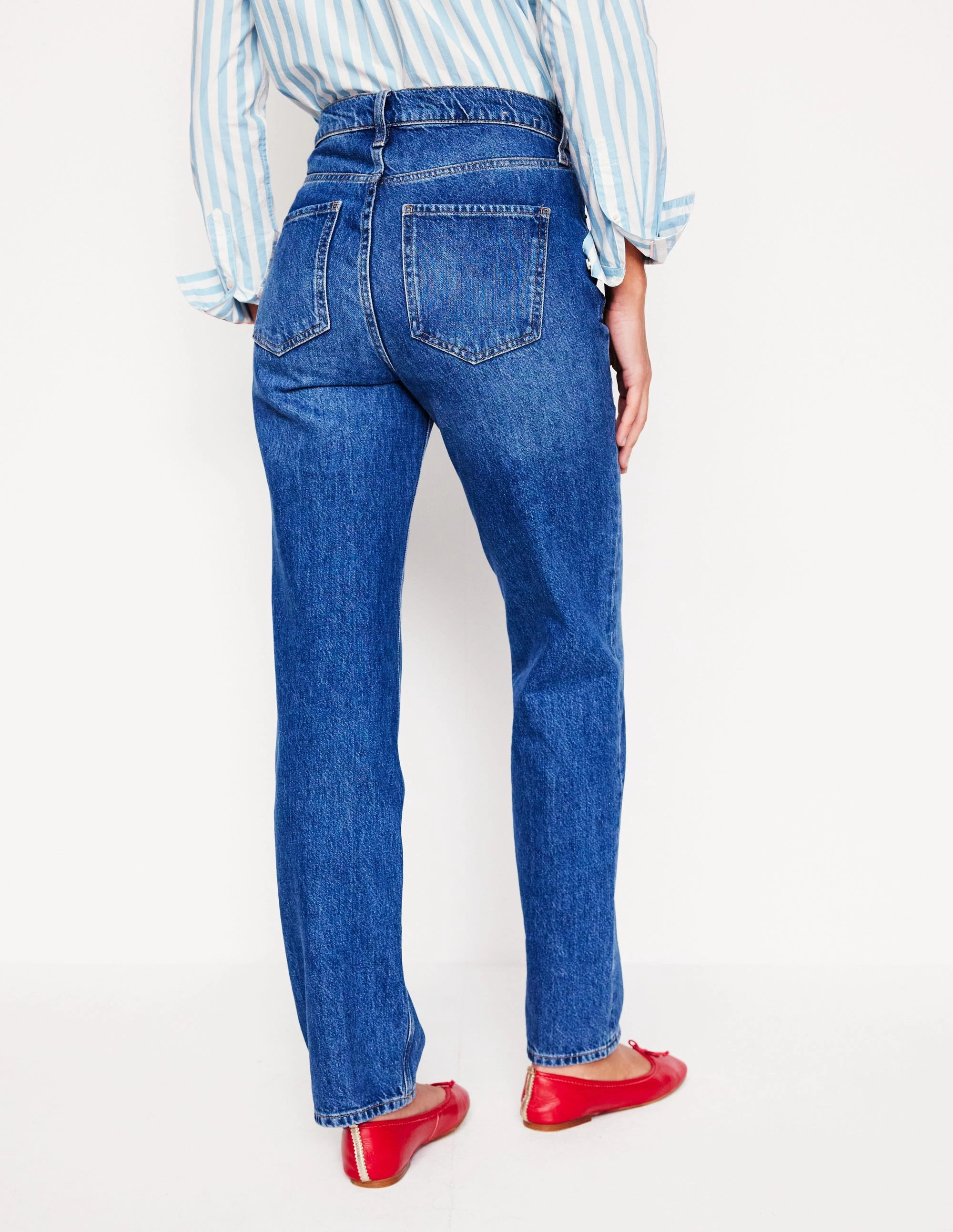 High Rise Rigid Straight Jeans-Mid Vintage Stretchy Waist Comfortable Fit Wear