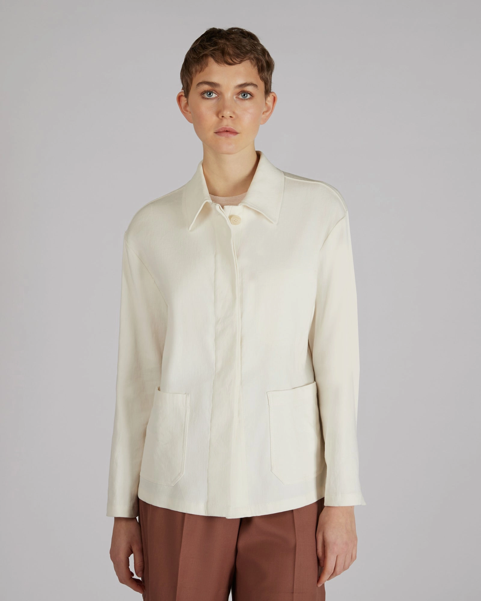 NonRestrictiveFit Snap Button Cotton and linen panama blouse