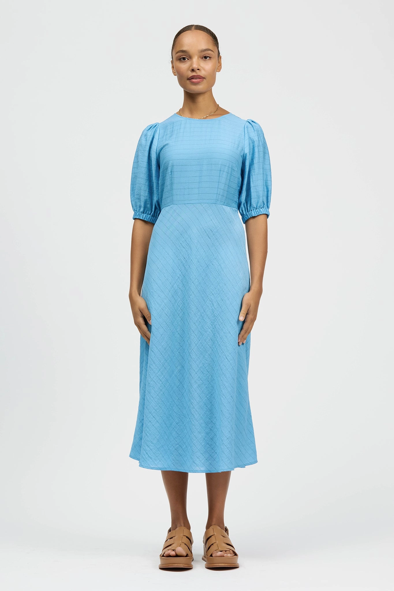 Leo Midi Dress Blue Stripe Grace Soft Sophisticated Waist Fit