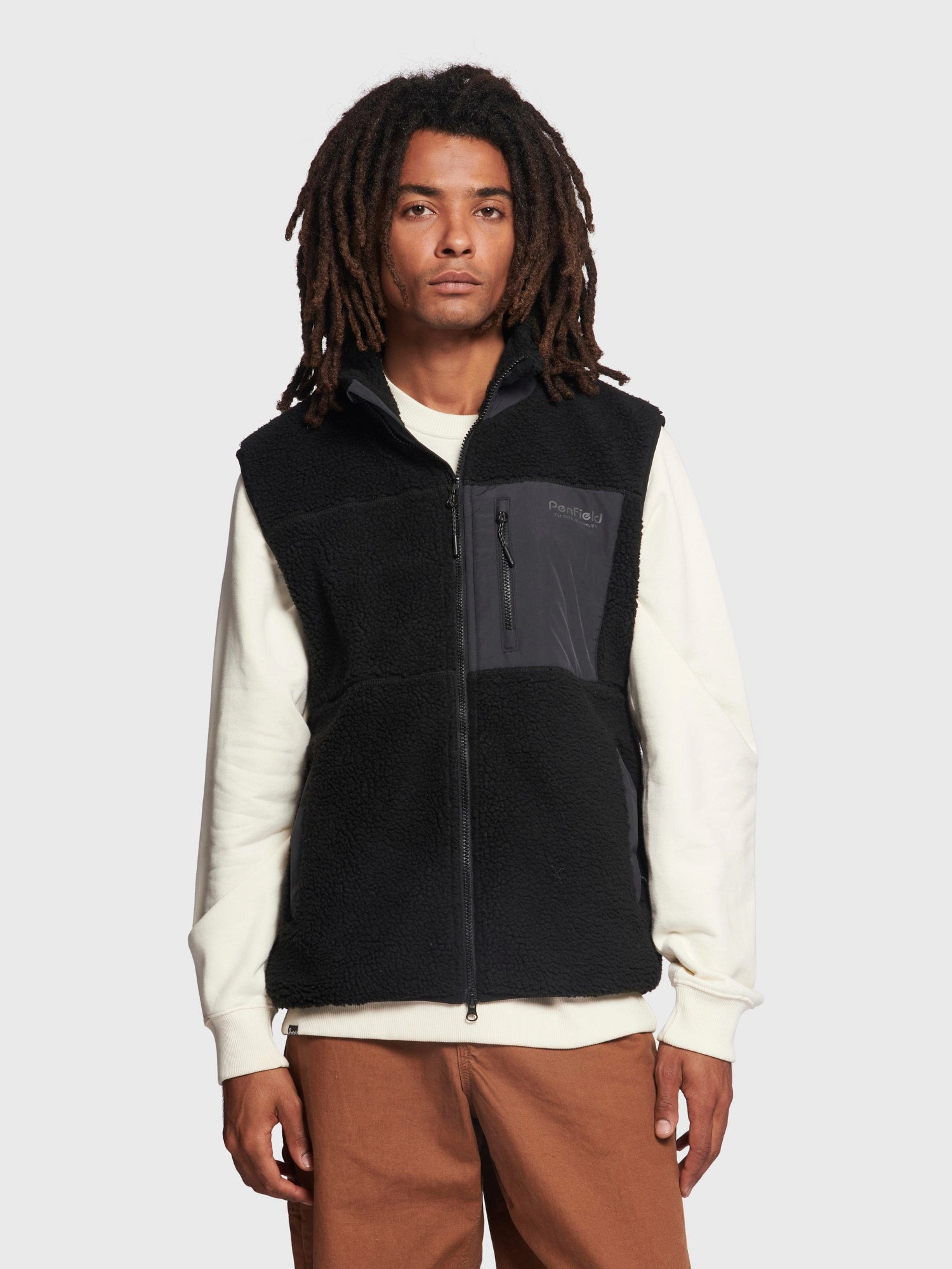 Magnetic Closure Option Stand Collar Hudson Script Fleece Vest in Black