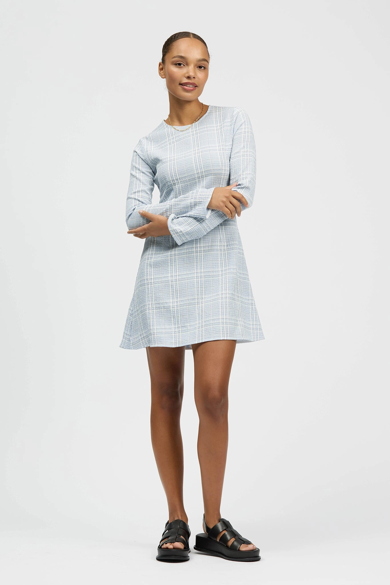 Trendy wrap gown Office Cool Motlawa Dress Light Blue Check