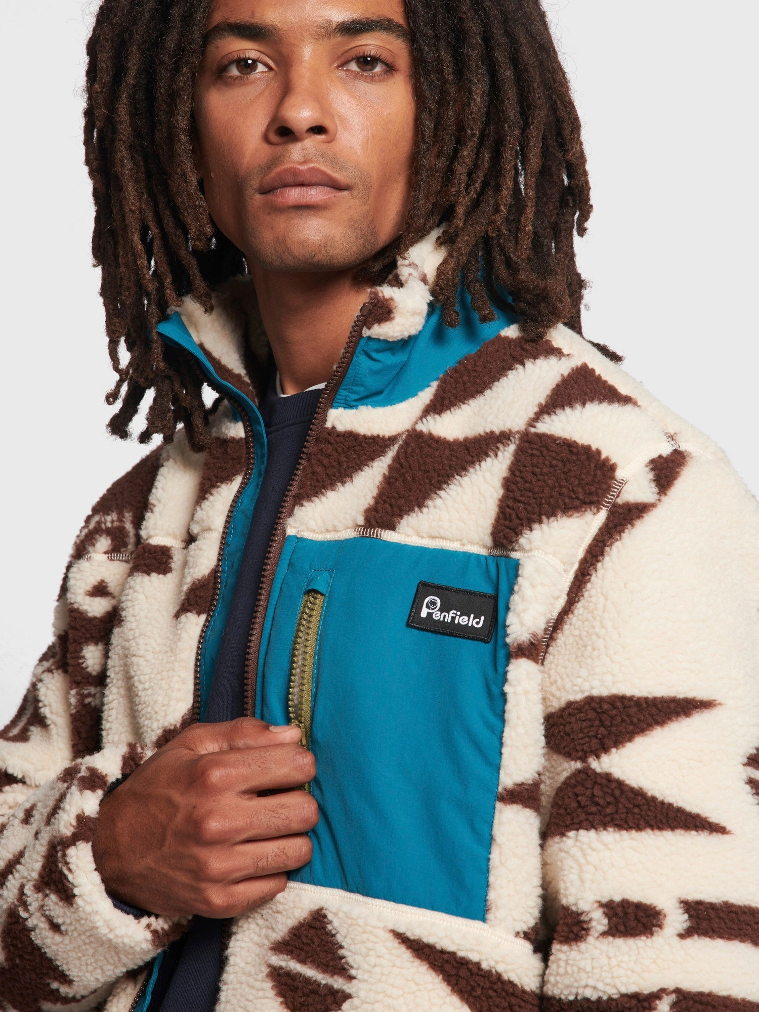 Winter Geo Mattawa Borg Fleece Jacket in Shaved Chocolate Snow Day