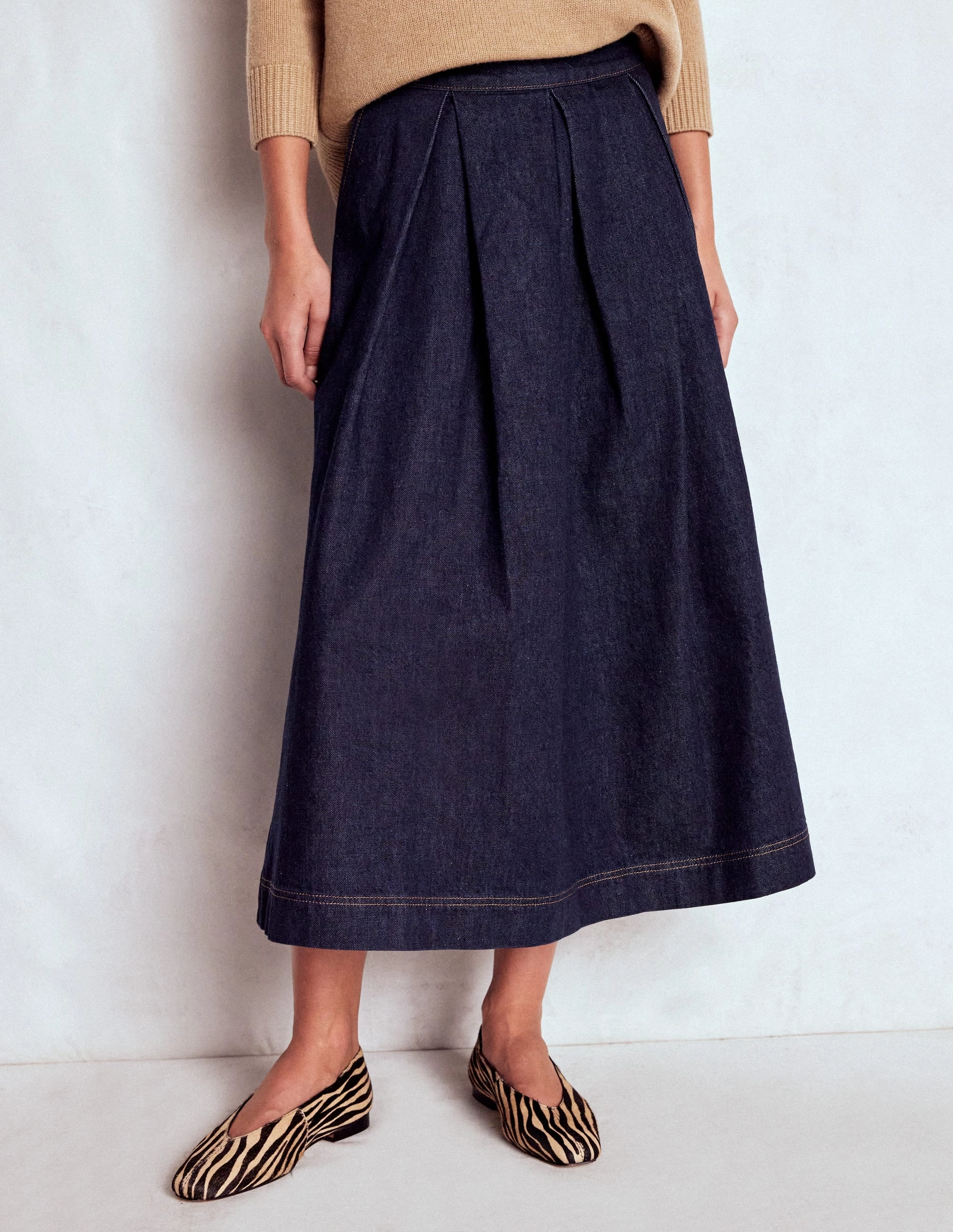 Verity Denim Midi Skirt-Indigo Contrast Stitching Easy Vibe