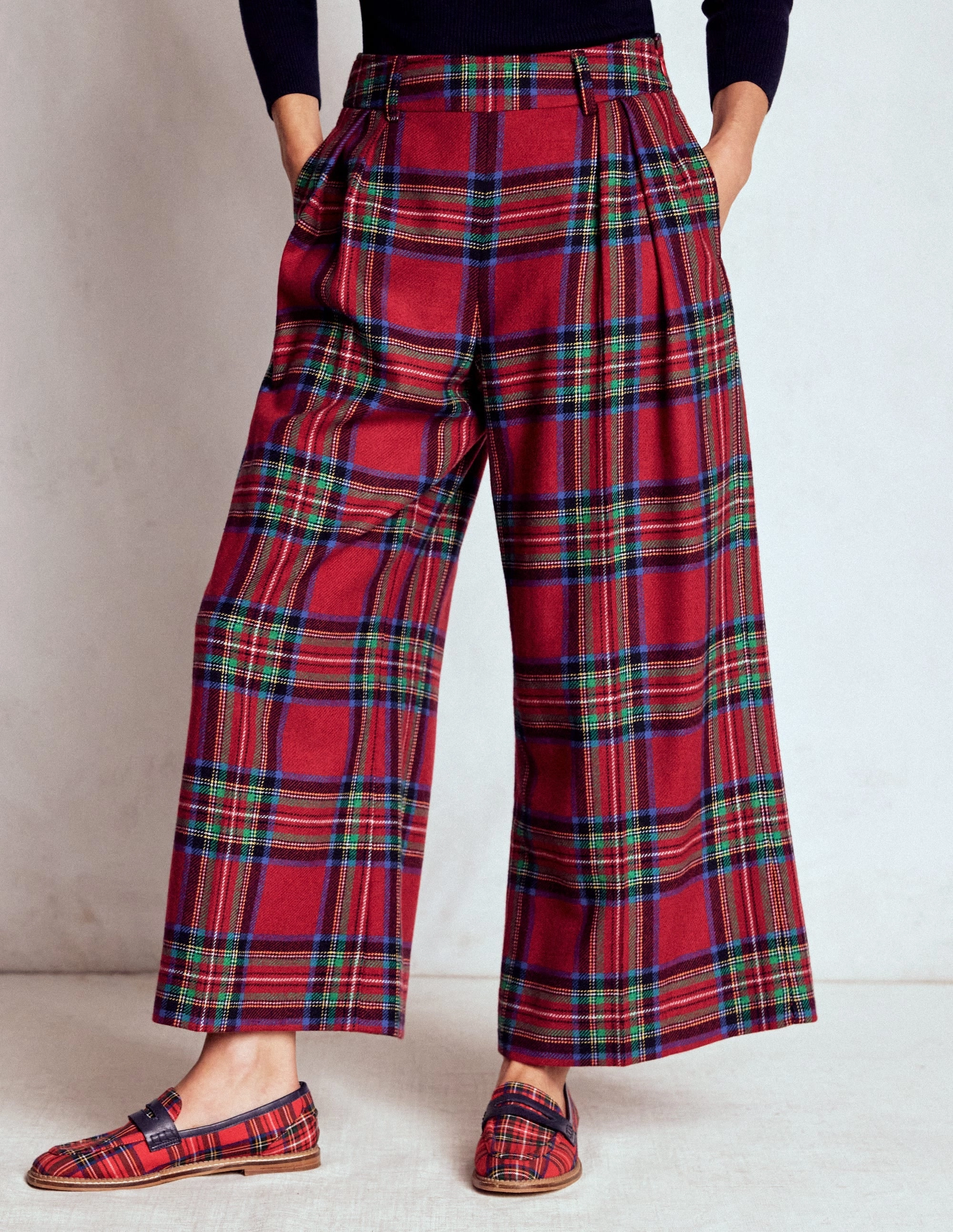 Pleated Wool Culottes-Red, Blue and Green Check ArticulatedJoints