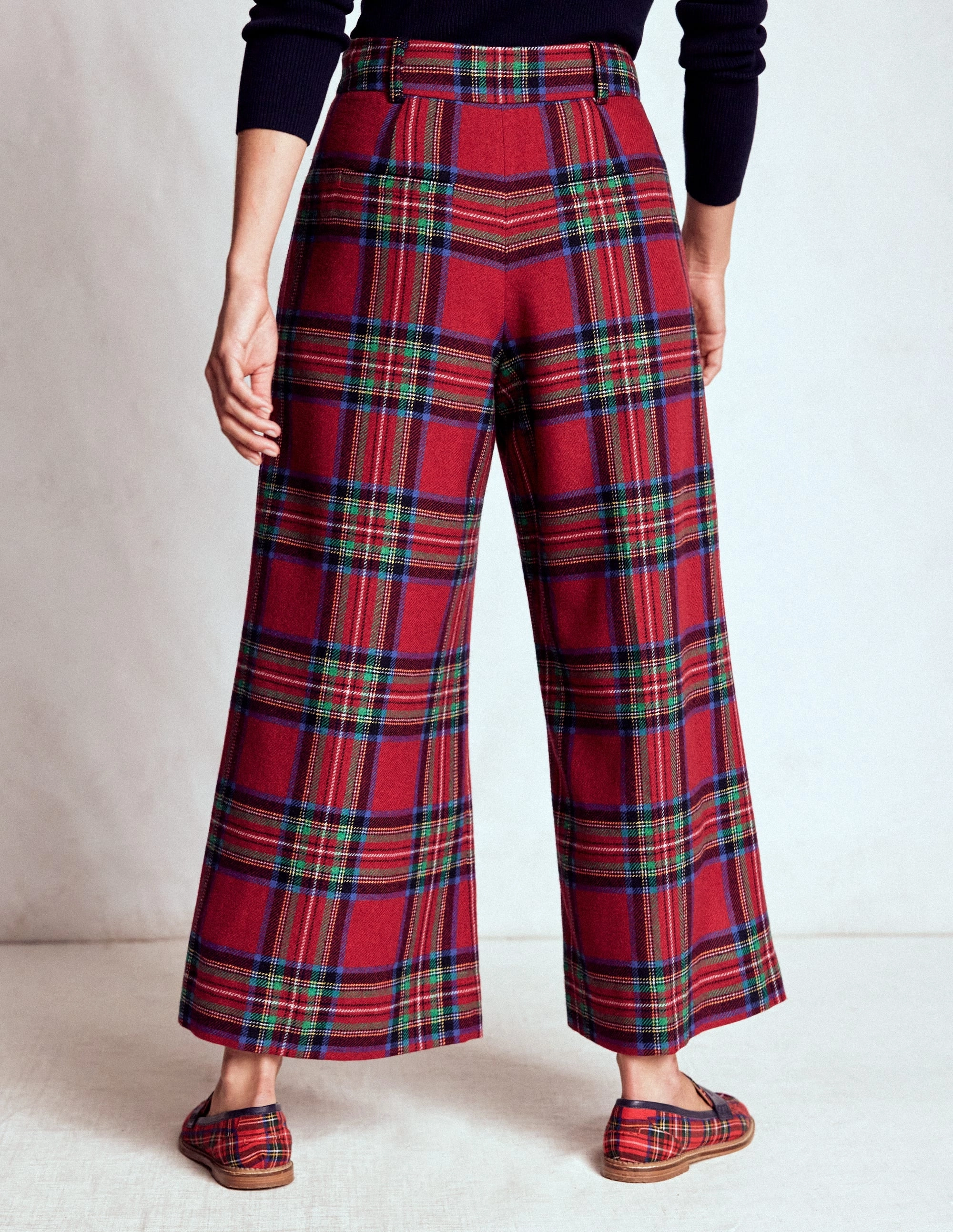 Pleated Wool Culottes-Red, Blue and Green Check Cozy Design