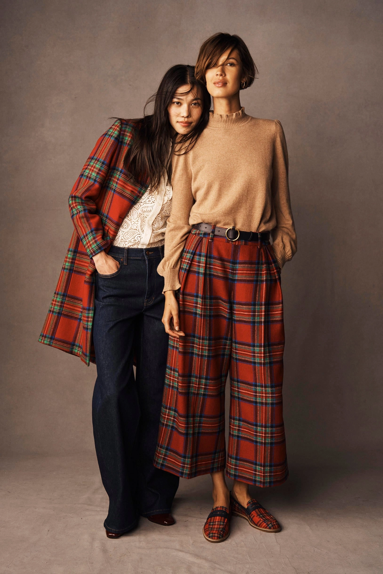 Pleated Wool Culottes-Red, Blue and Green Check Bold Waistband Relaxed Cut