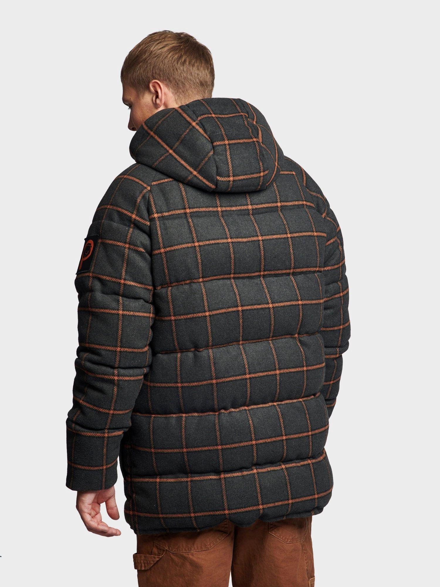 Longline Check Puffer Jacket in Ebony Detachable Lining