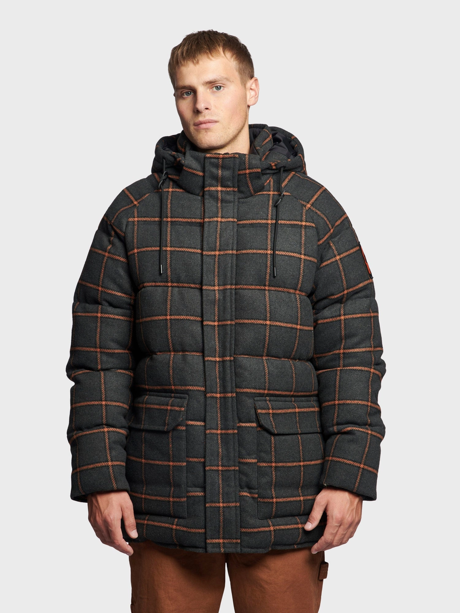 Practical Everyday Fit Longline Check Puffer Jacket in Ebony