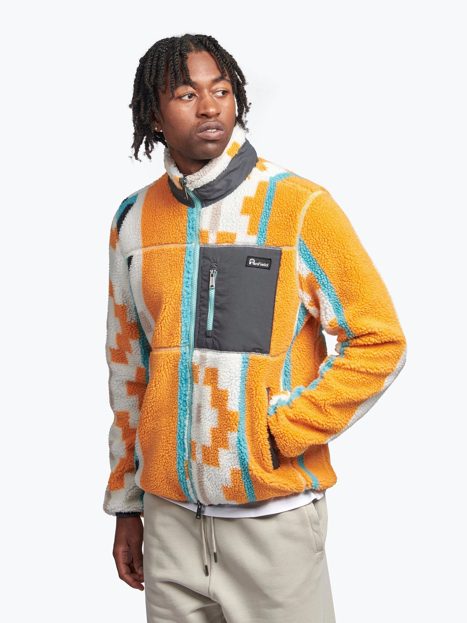 Geo Print Mattawa Fleece Jacket in Apricot Quick Release Fasteners